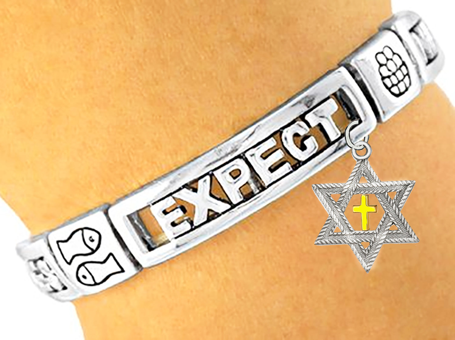 Messianic Star Of David Gold Cross, Expect Miracles Stretch Bracelet, Loaves Of Bread, Fish , Silvertone.A Wonderful Gift For Yourself,Or Someone Special.This Is Also Used As A Gift To Someone Who Has Lost Hope,Sick,Has Cancer,Lost A Loved One.