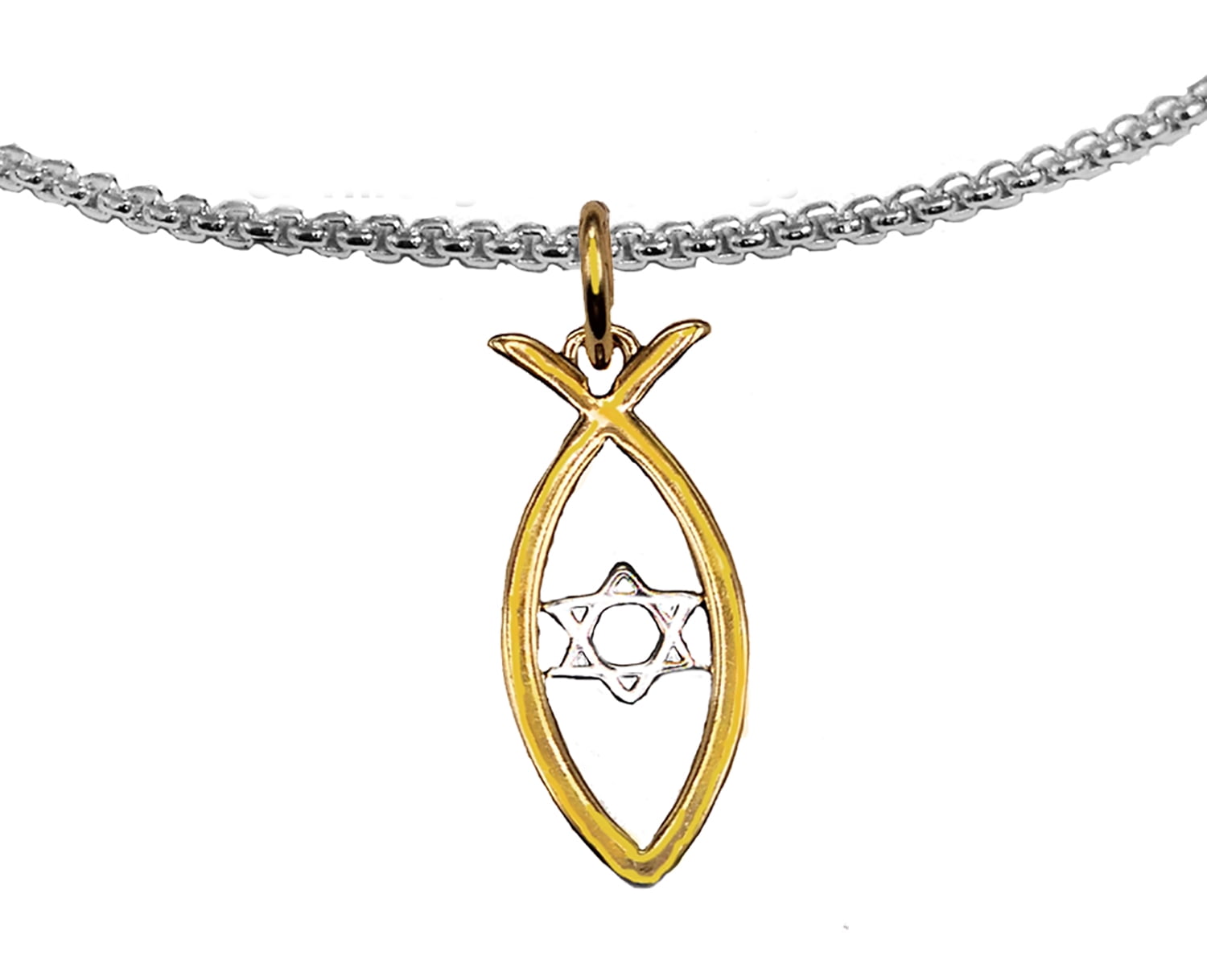 Messianic Christian Fish In 1KT Goldtone, Silver Star Of David Silver Box Chain Necklace. If you do not believe that this jewelry is beautiful when you receive it, simply return it for a full refund.