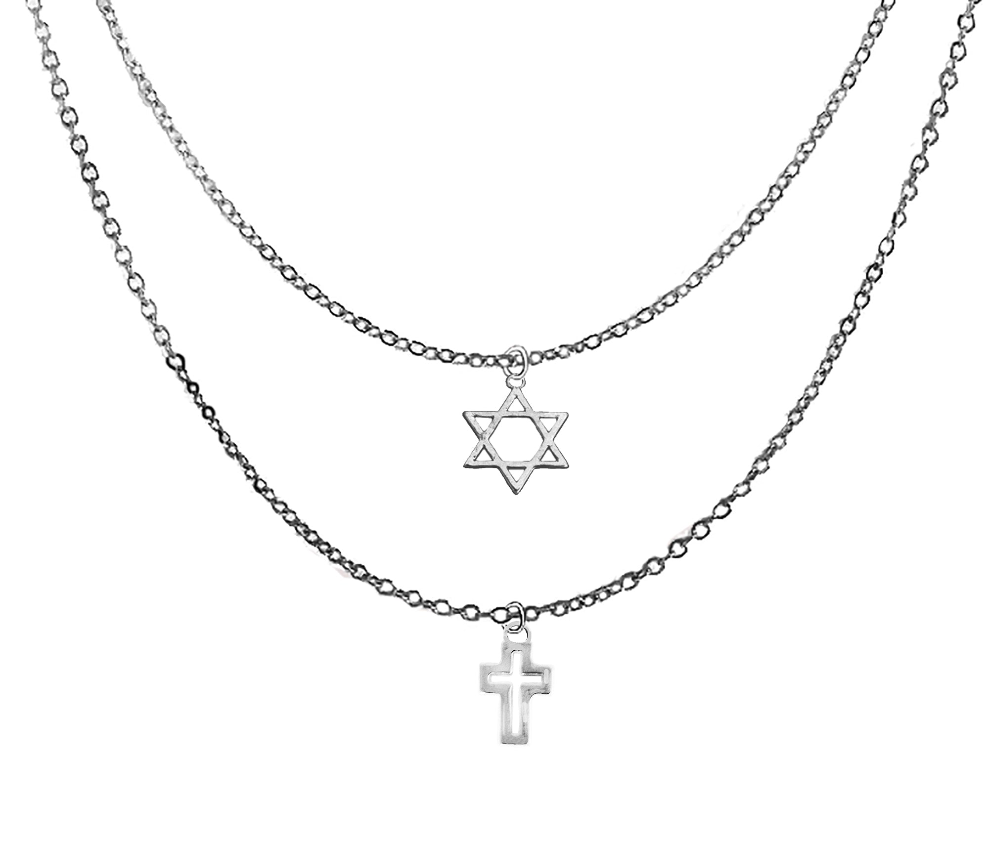 Messianic Adjustable Silvertone Double Chain Necklace With A Brightly Polished Star Of David And A Beautiful Contemporary Cross. What A Wonderful Gift For Yourself Or Someone Special. Gift Ready, Comes In A Black Velvet Bag.