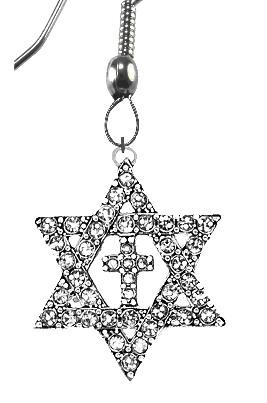 Messianic Christian Glittering Crystal Star Of David And Silvertone Cross On Silvertone Earring. What A Wonderful Gift For Yourself Or Someone Special. The Most Outstanding Piece Of Jewelry In Our Over 500 Style Collection. Hypoallergenic,No Nickel