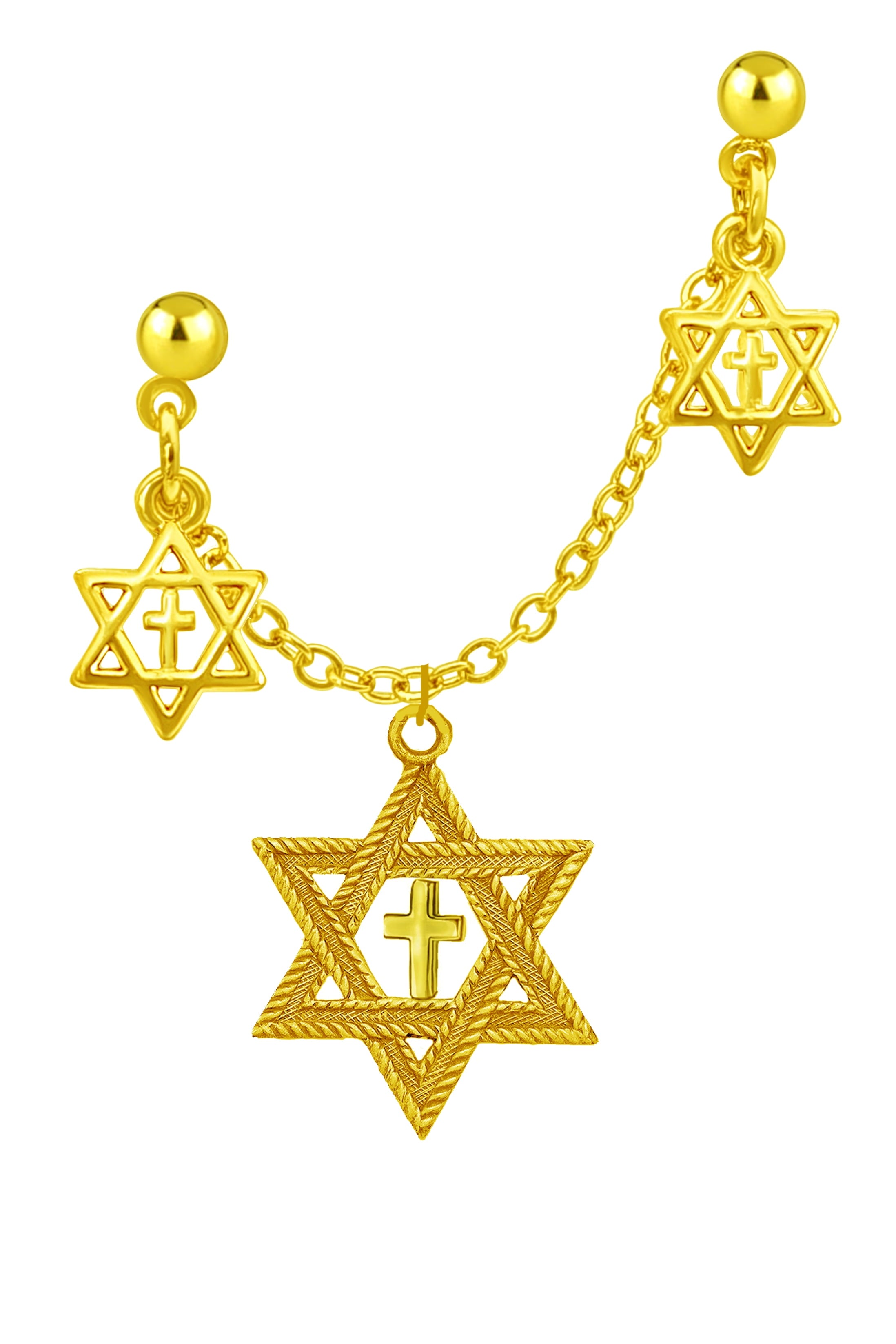 Messianic Yeshua Jewelry, Beautful Antique 14KT Goldtone Star Of David With A Gold Cross On A Double Hole Silvertone Earring Chain, Outstanding Fashion, Great Gift For Yourself, A Friend Or FamilyMade In The USA By Veterans ©2024