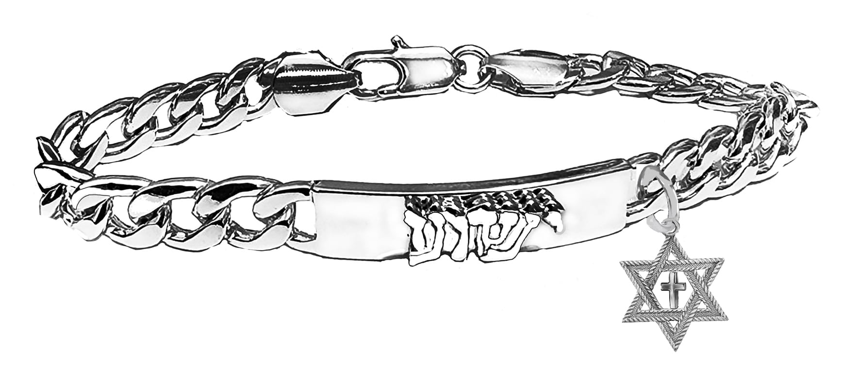 Messianic Christian Curb Chain Bracelet, Raised Yeshua, Antique Silver Tone Star Of David With Silver Cross.