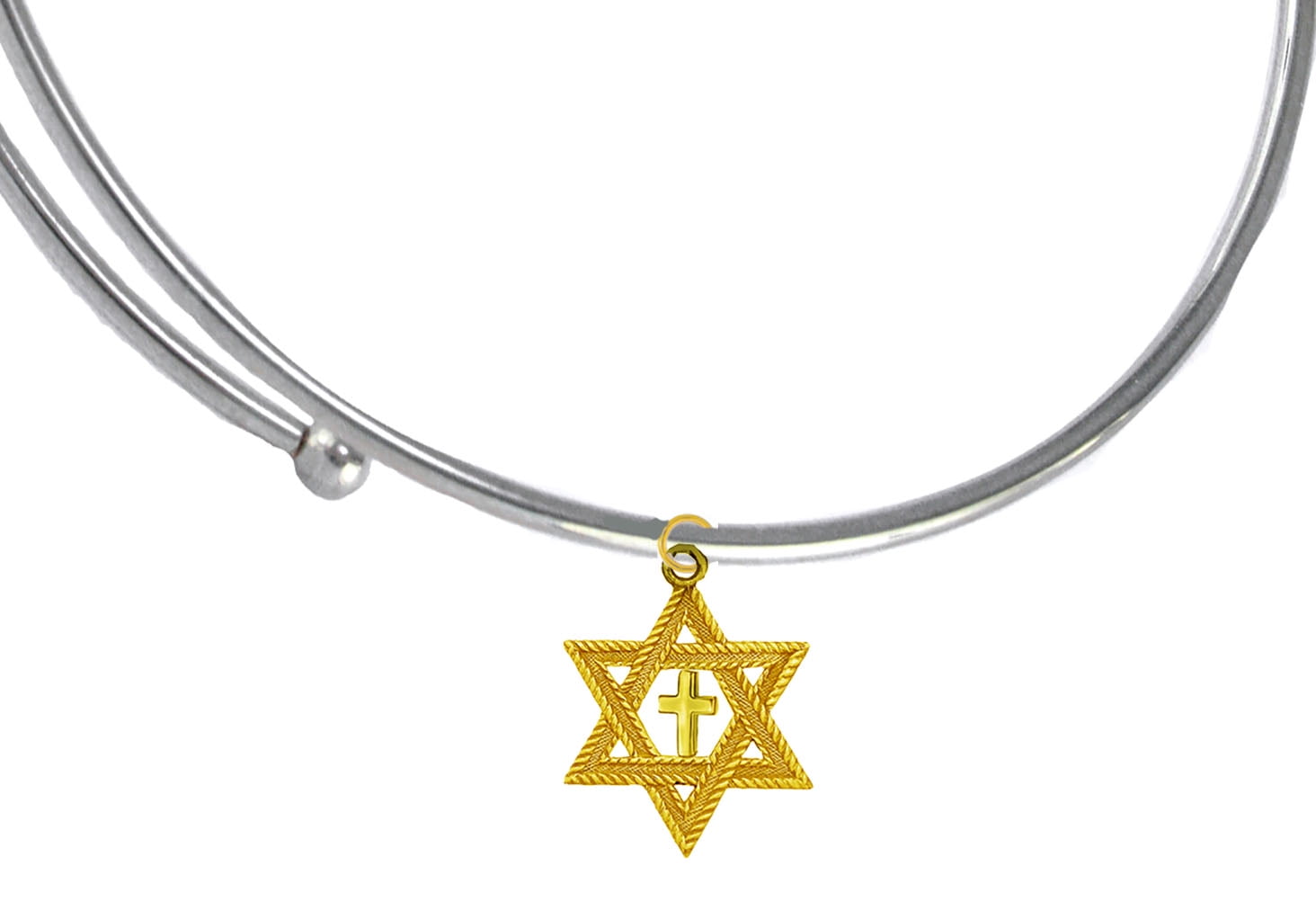 Messianic, Christian, Jewish Antique 14KT Goldtone Star Of David And A Goldtone Polished Cross On A Adjustable Silvertone Miracle Wire Bracelet, Will Fit Everyone, Hypoallergenic-Safe, No Nickel, Le
