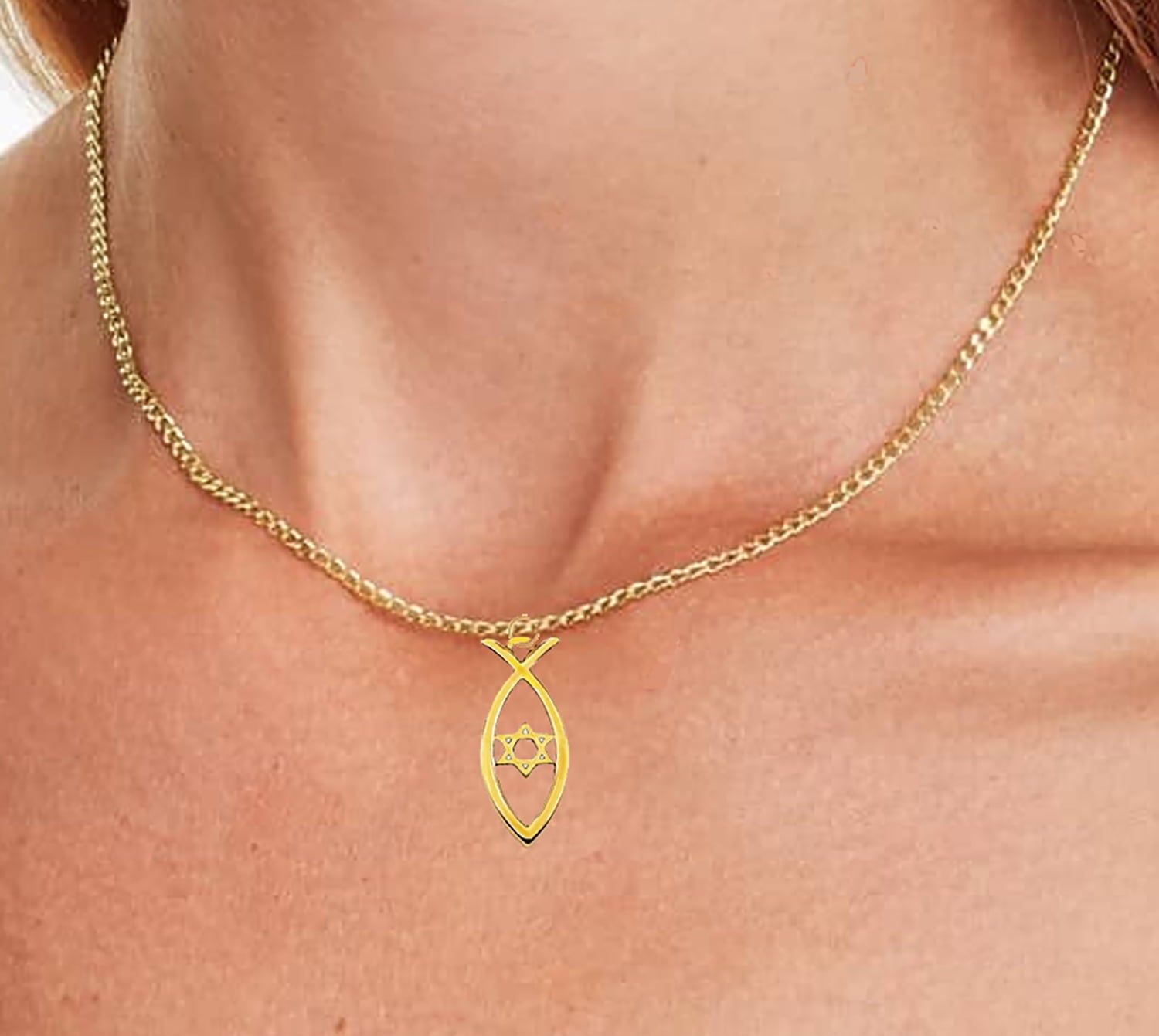 Messianic, 14KT Goldtone Yeshua, Jesus Fish,Ichthys, With A Star Of David In The Center On A Adjustable Cable Chain Necklace. What A Wonderful Gift For Yourself, Or Someone Special.Hypoallergenic-Safe