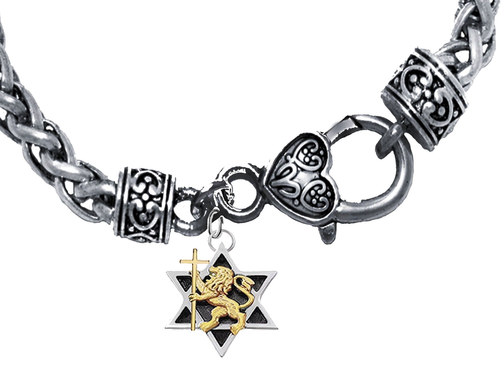 Messianic, Yeshua, 14KT Goldtone Lion Of Judah, Holding Cross In Silvertone, Star, Of David On A Antique Wheat Chain Bracelet, What A Great Gift For Yourself, A Friend, Or Special Family Member©2024