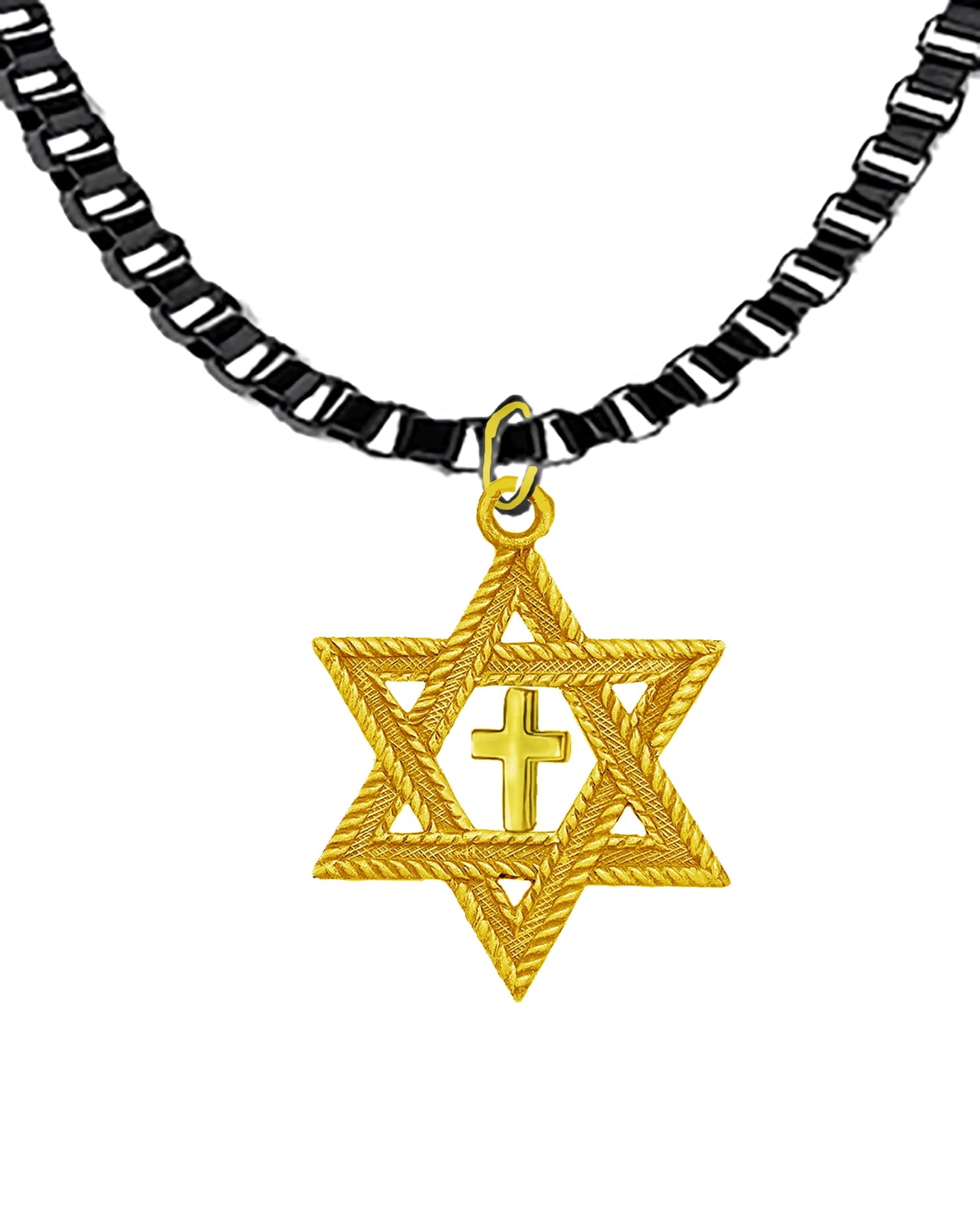 Messianic, Christian, Jewish Antique Goldtone Star Of David And A High Polished Cross On A Black Anodized Box Chain Necklace, Hypoallergenic-Safe, No Nickel, Lead, or Cadmium In The Metal ©2023