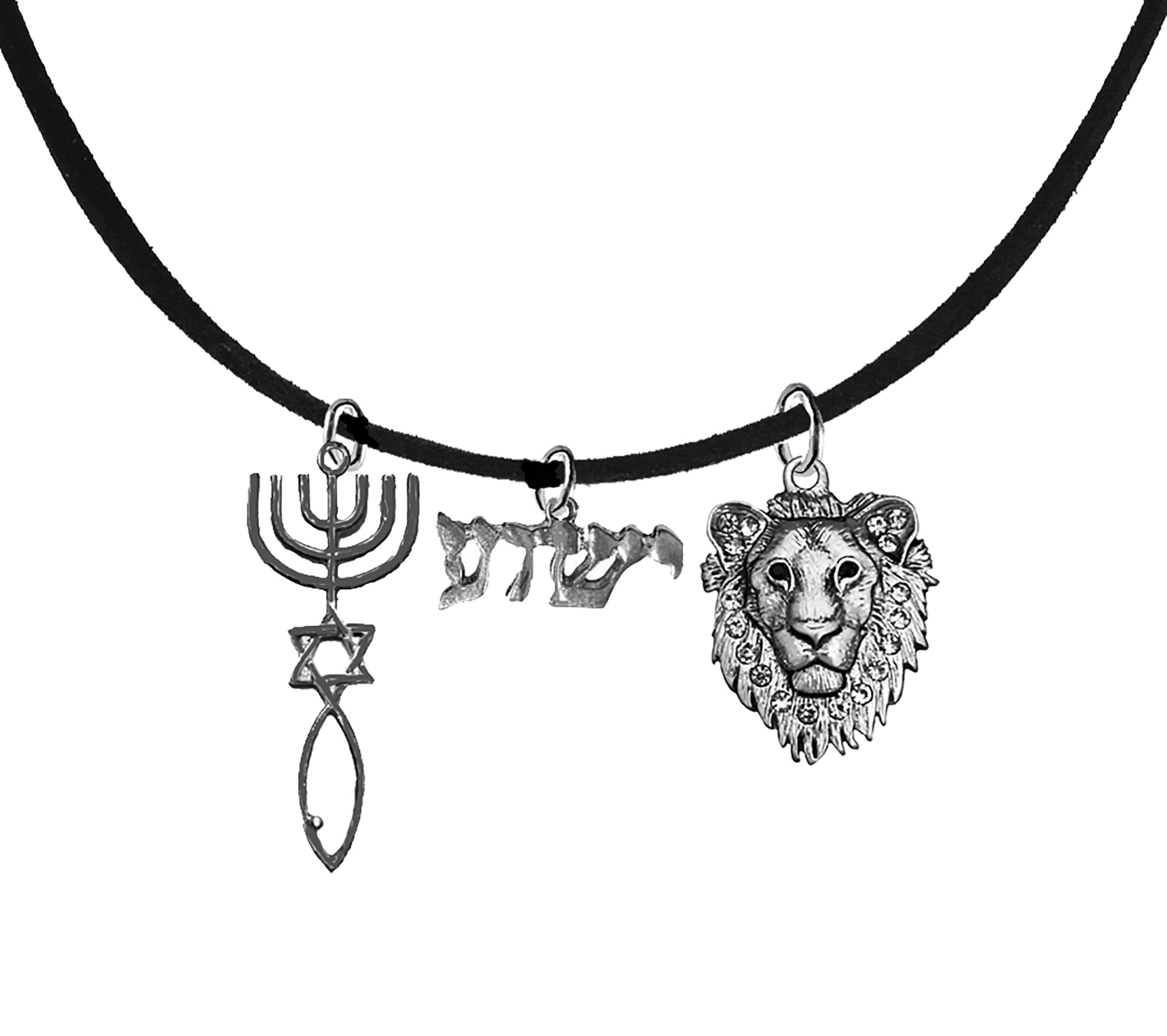 Messianic, Yeshua, Christian Silvertone Seal Of Jerusalem, Yeshua In Hebrew, Lion Of Judah On A Adjustable Genuine Black Suede Necklace, Hypoallergenic-Safe, No Nickel, Lead, Or Cadmium In The Metal.