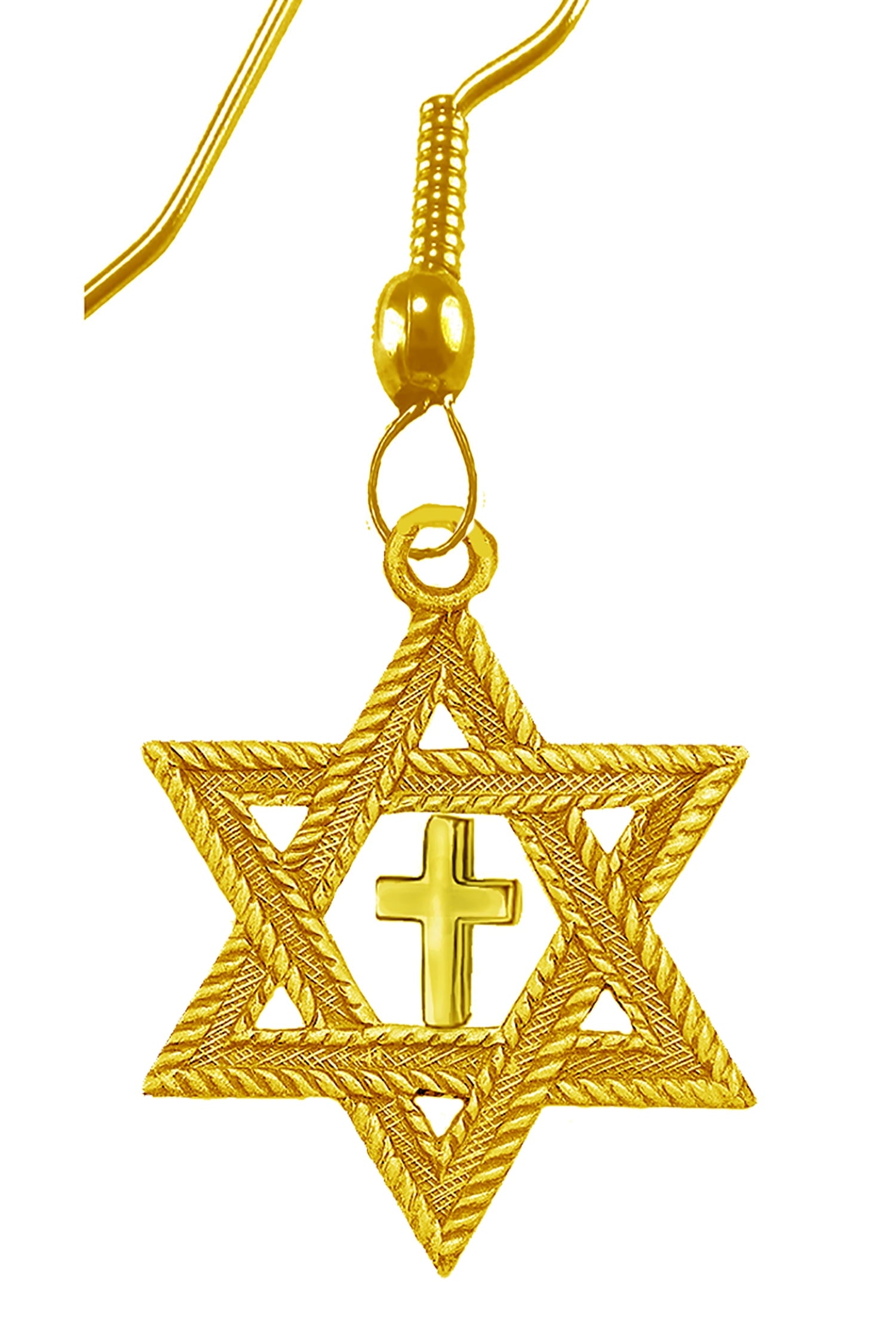 Messianic Christian Jewish Antique Gold Tone Star Of David, With Polished Gold Tone Cross On A Fishhook Wire Earring, Hypoallergenic-Safe, No Nickel, Lead, Or Cadmium In The Metal. ©2023