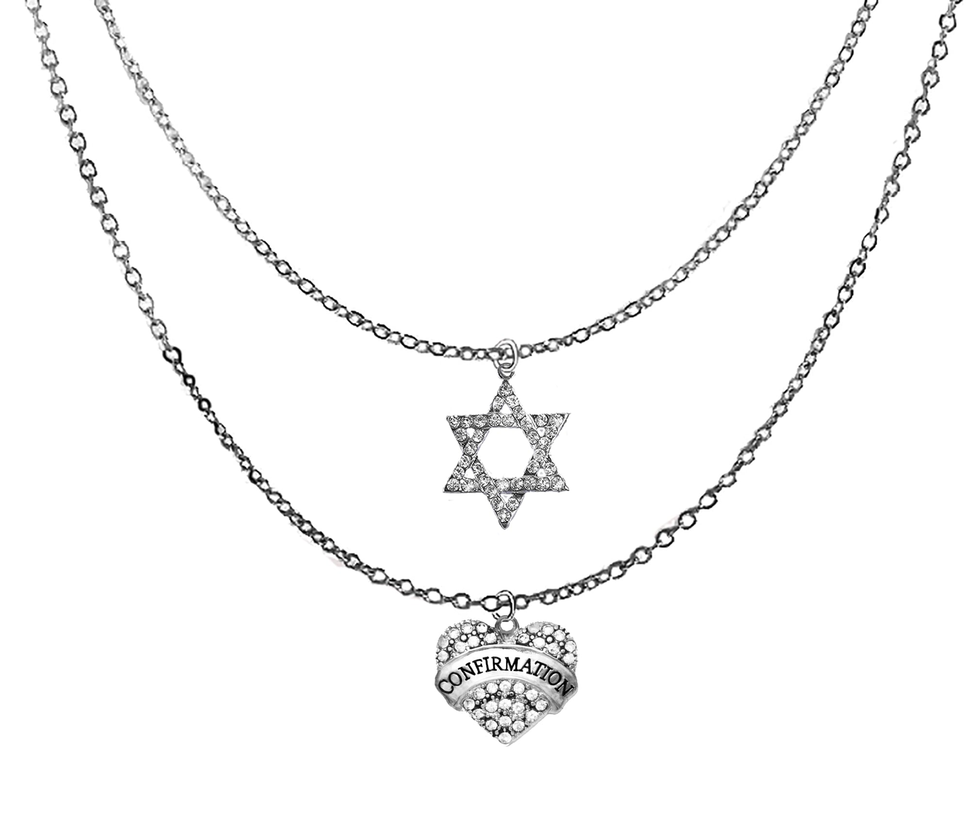 Jewish Jewelry, Confirmation On A Genuine Austrian Crystal Heart A Dazzling Genuine Austrian Crystal Star Of David.On Silvertone Double Cable Chain Adjustable Necklace. Great Gift For Friend Or Family