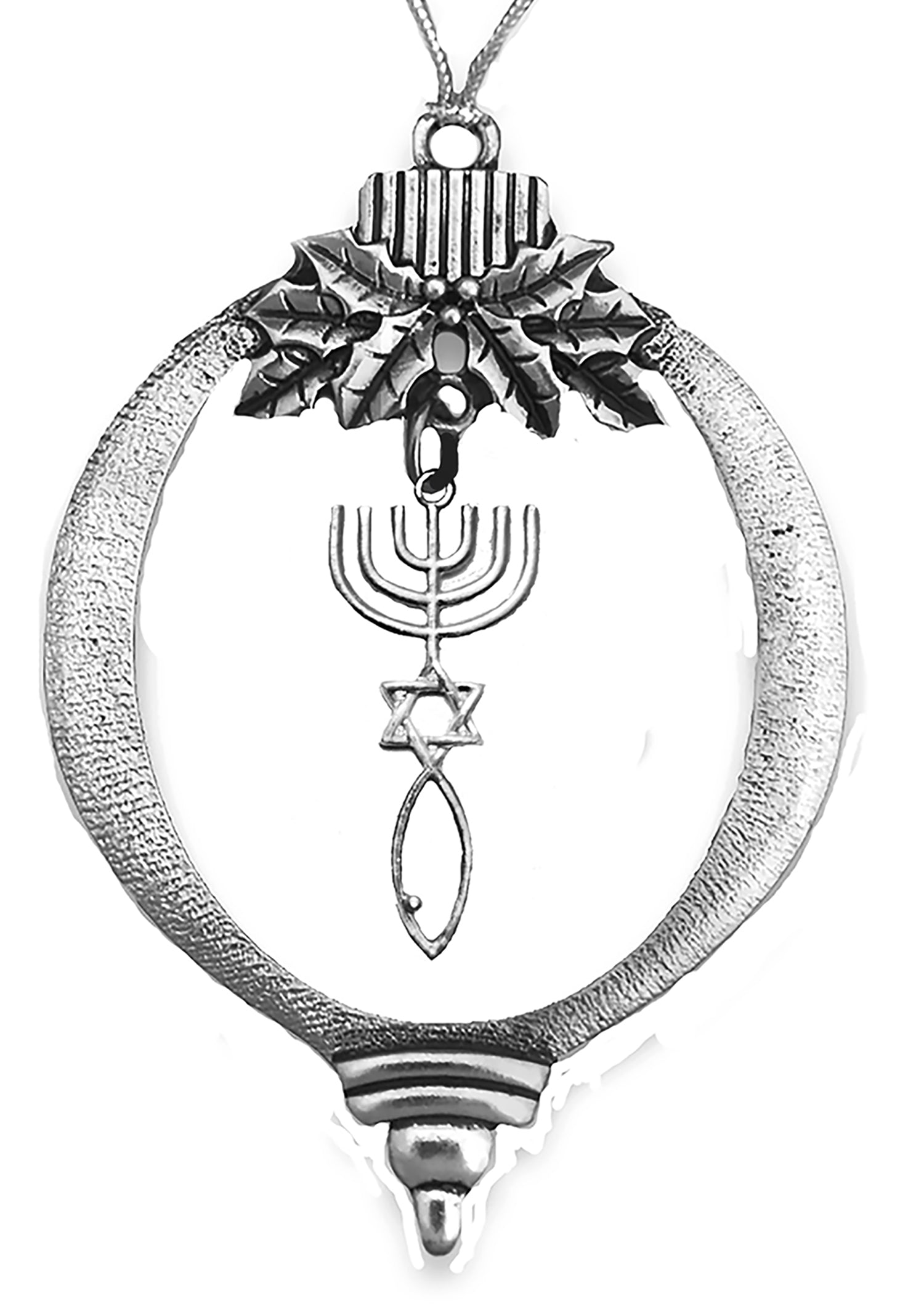 Messianic, Yeshua Christmas Silvertone Ornament With A Seal Of Jerusalem, The Menorah,Star Of David, Icthys Fish, With Tree Attachment For Hanging.What A Great Gift For Yourself Or Someone Special!