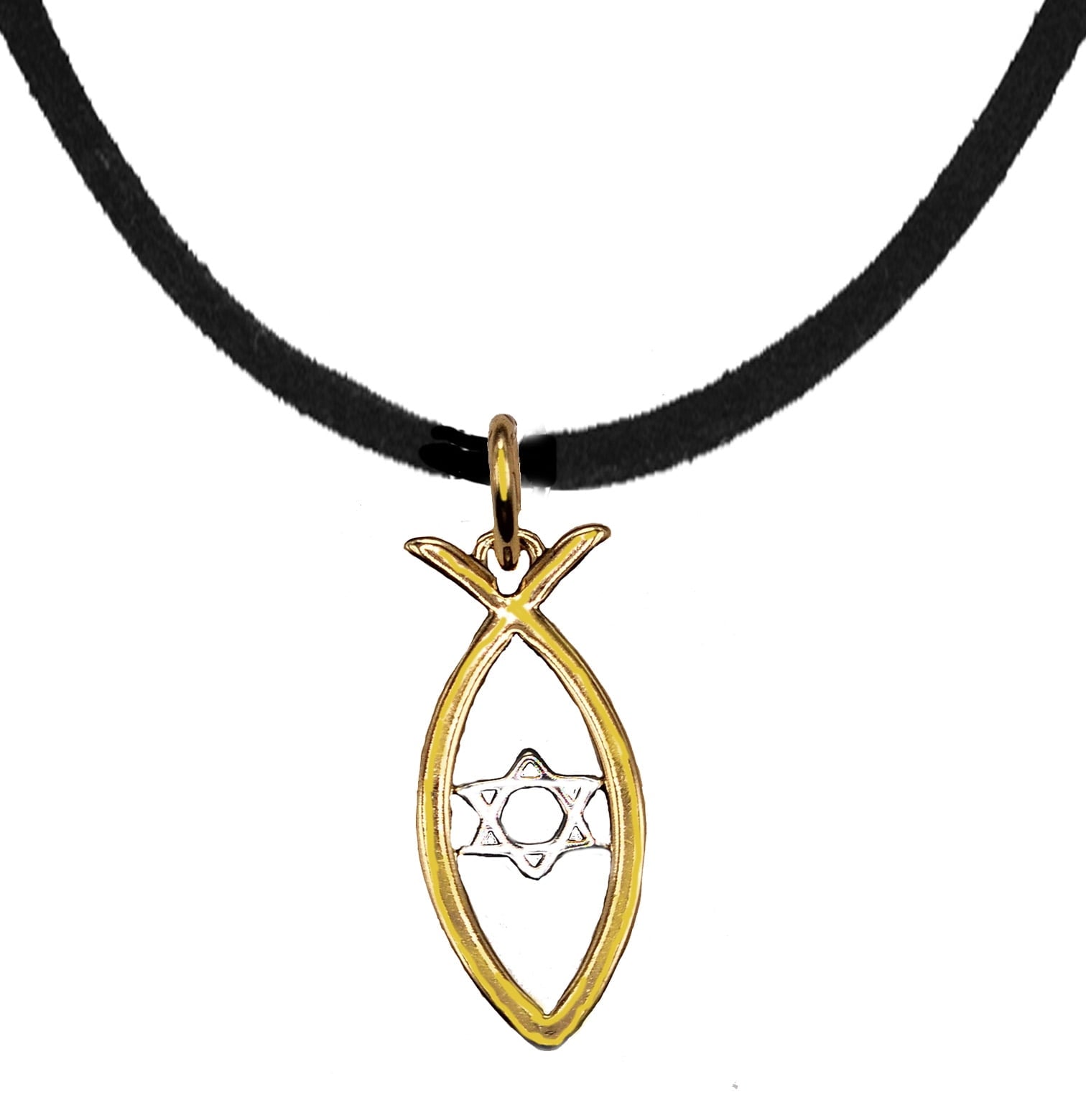 Messianic Christian Fish In 14KT Goldtone, Silvertone Star Of David, Black Suede Necklace.If you do not believe that this jewelry is beautiful when you receive it, simply return it for a full refund.