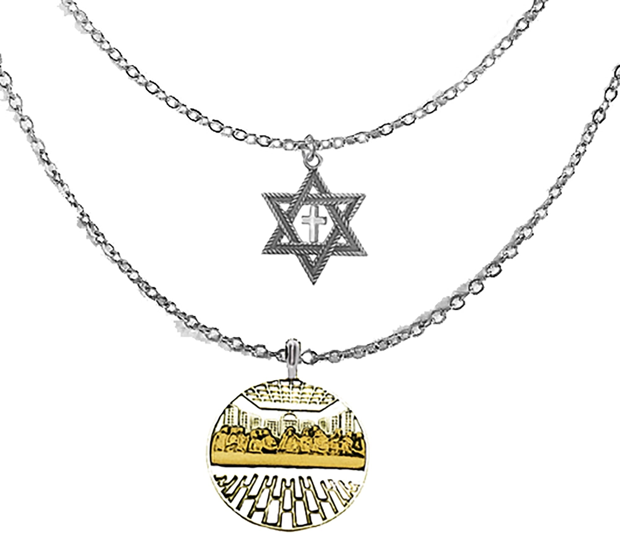 Messianic, Yeshua, Silvertone Star Of David With Cross And Silvertone And Silvertone Last Supper, On A Adjustable Silvertone Double Chain Necklace ©2023