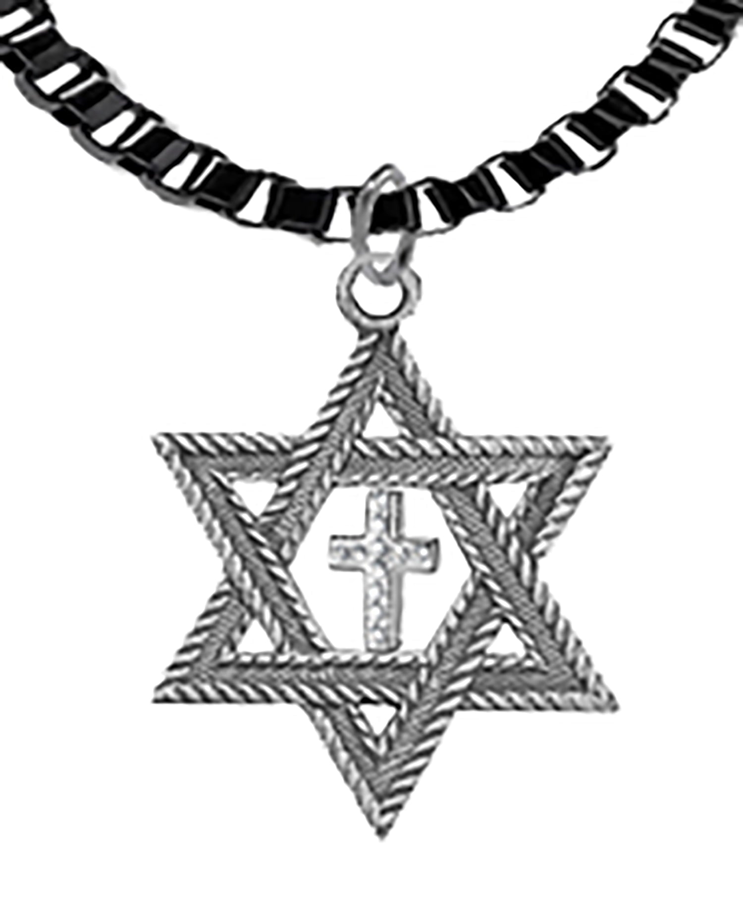 Messianic Christian Antique Silver Star Of David With Silver Austrian Crystal Cross, On A Adjustable Black Anodized Box Chain , Hypoallergenic-Safe, No Nickel, Lead, Or Cadmium In The Metal©2023