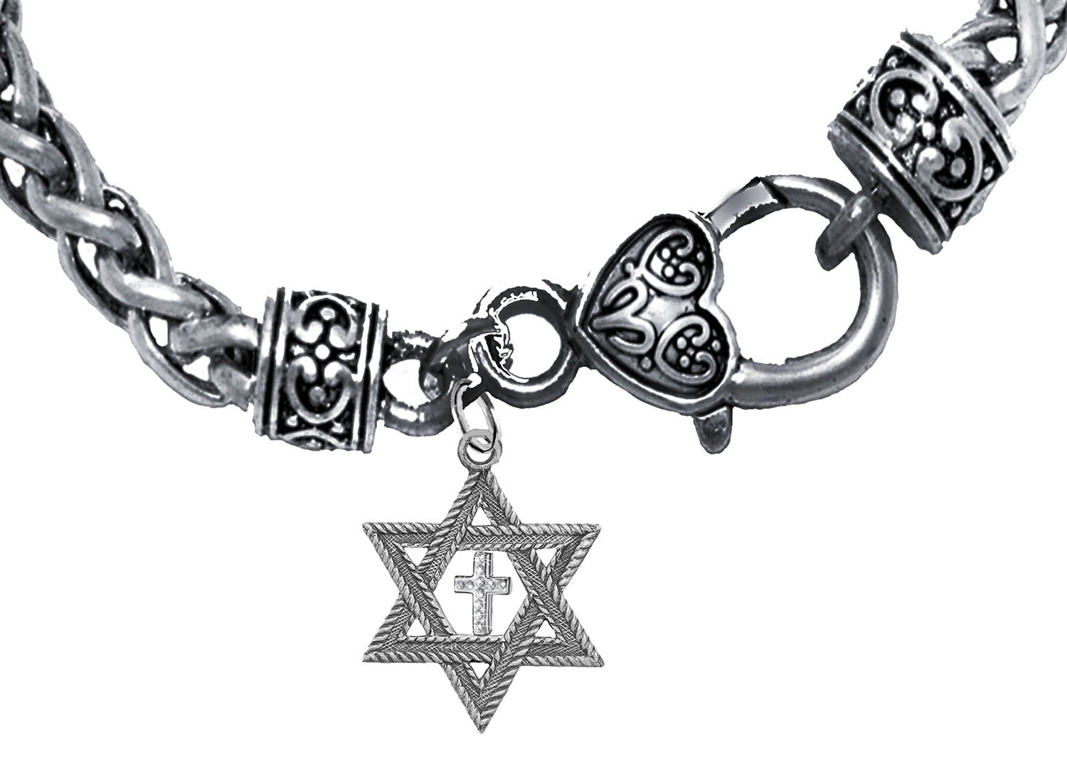 Messianic Christian Silver Star Of David With Silver Austrian Crystal Cross, On A Antique Wheat Chain Bracelet, Hypoallergenic-Safe, No Nickel, Lead, Or Cadmium In The Metal ©2023