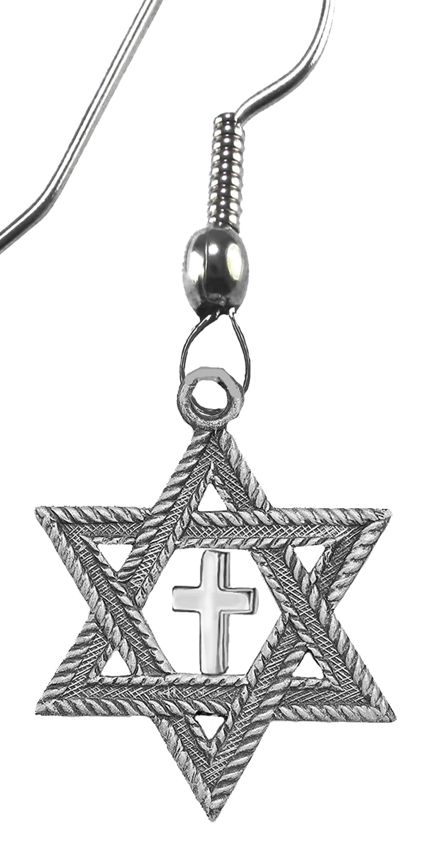 Messianic Christian Jewish Antique Silvertone Star Of David,With Polished Silvertone Cross On A Fishook Wire Earring, Hypoallergenic-Safe, No Nickel, Lead, Or Cadmium In The Metal. ©2023