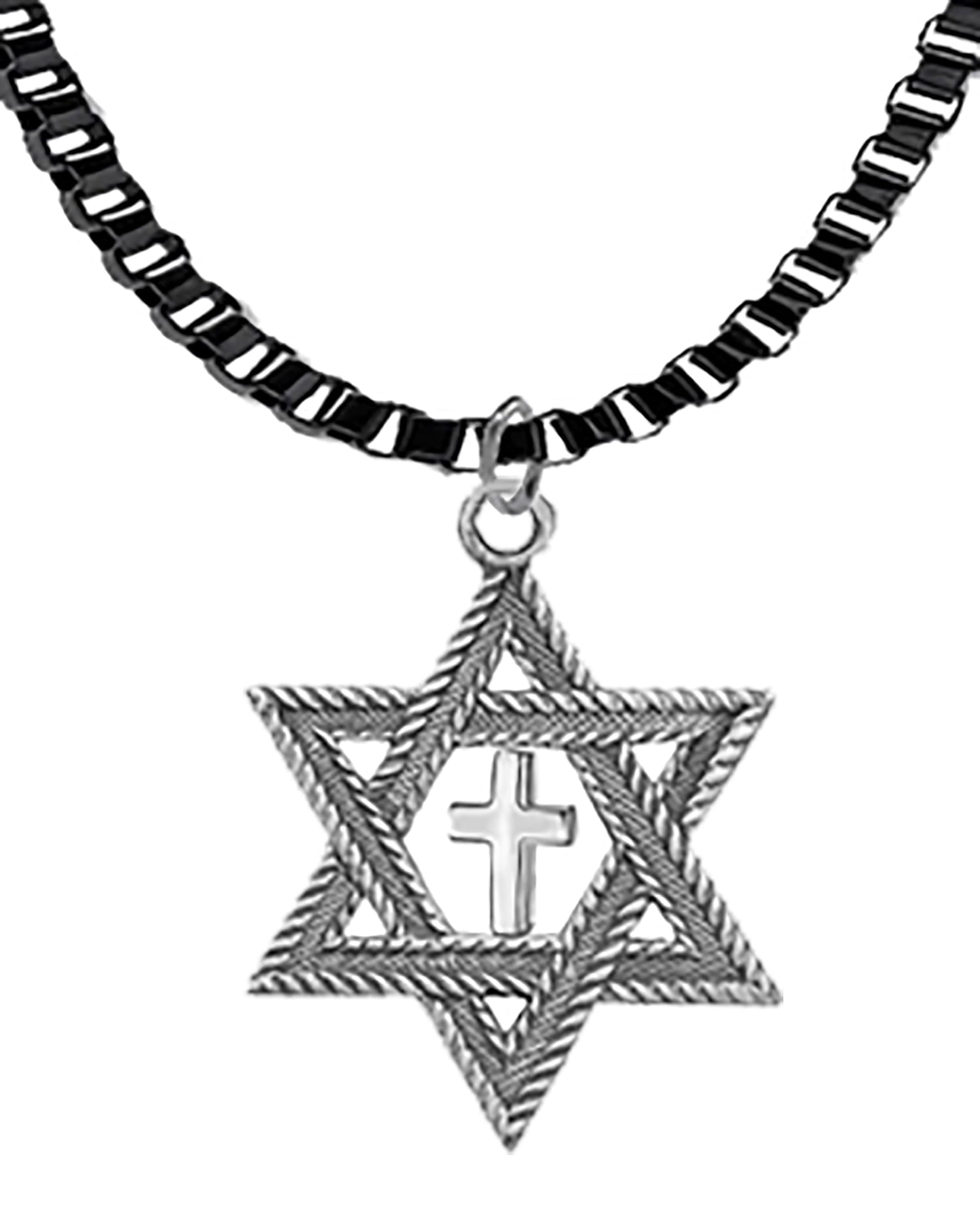Messianic, Christian, Jewish Antique Silvertone Star Of David And A High Polished Cross On A Black Anodized Box Chain Necklace, Hypoallergenic-Safe, No Nickel, Lead, or Cadmium In The Metal ©2023