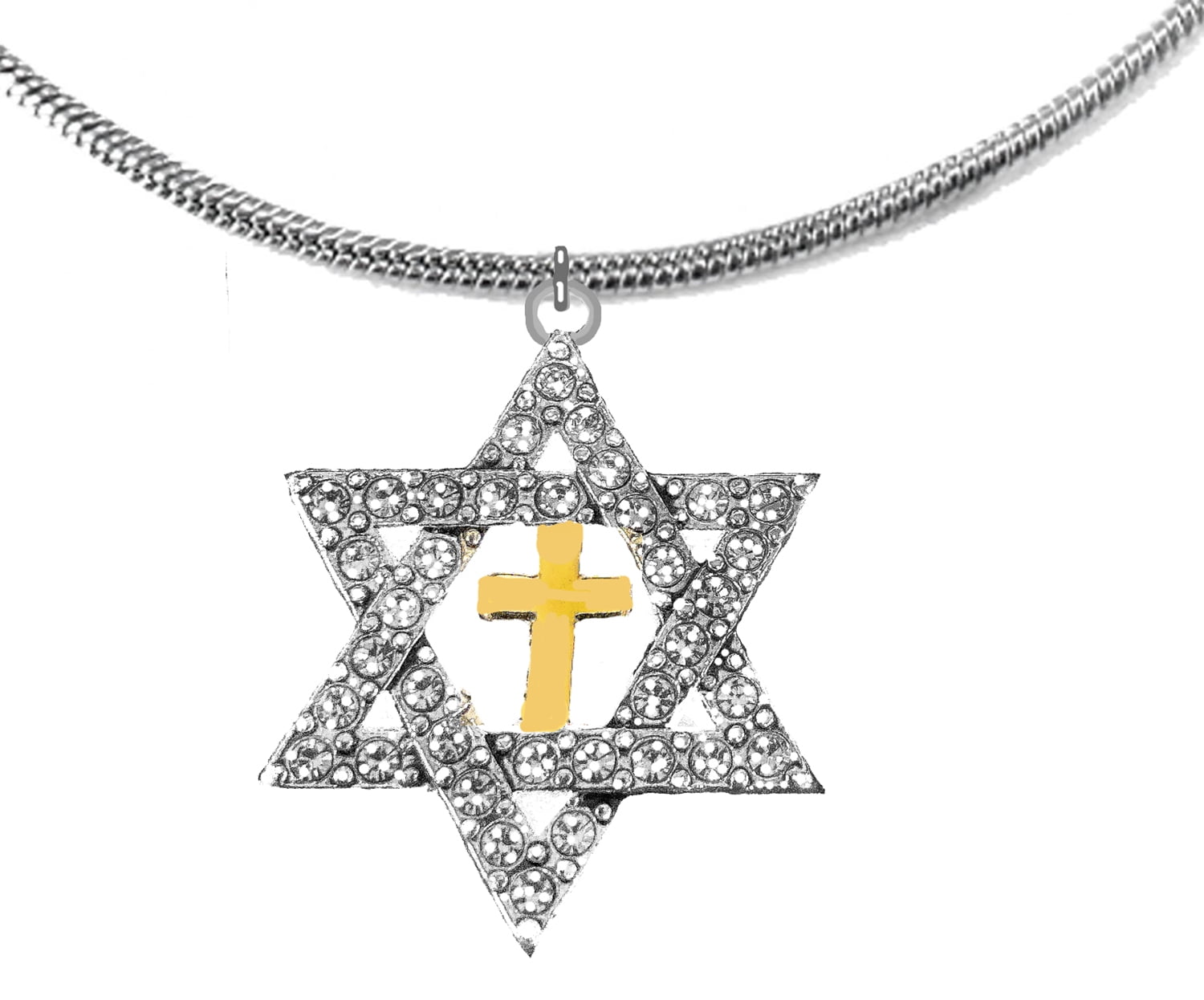 Messianic Christian Crystal Star Of David, 14KT Gold Cross Finish On A Snake Chain Necklace.If you do not believe that this jewelry is beautiful when you receive it, simply return it for a full refund