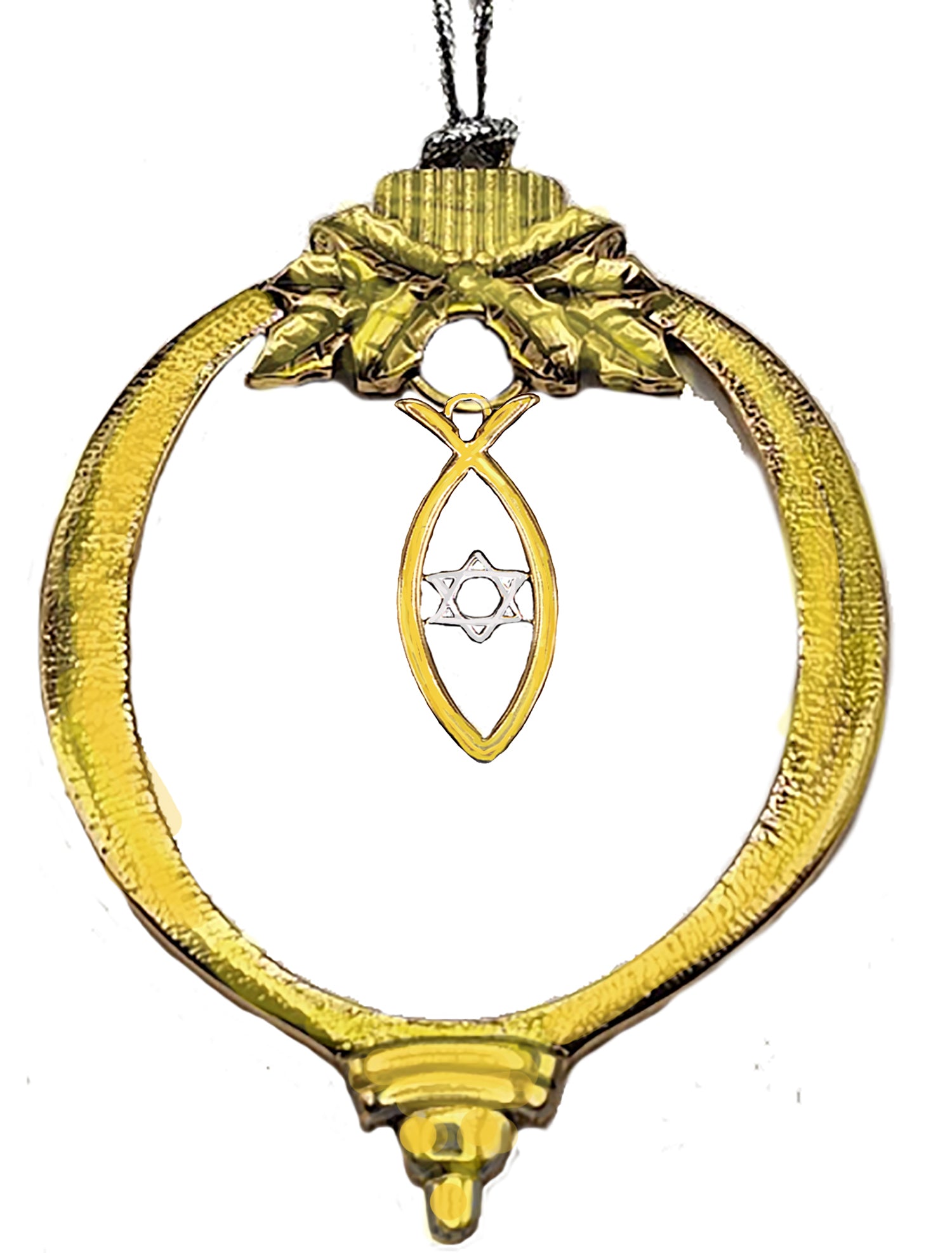 Messianic, Yeshua Christmas 14KT Goldtone Ornament With 14KT Goldtone Ichthys Fish, Inside Silvertone Star Of David, With Tree Attachment For Hanging.What A Great Gift For Yourself Or Someone Special! ©2023