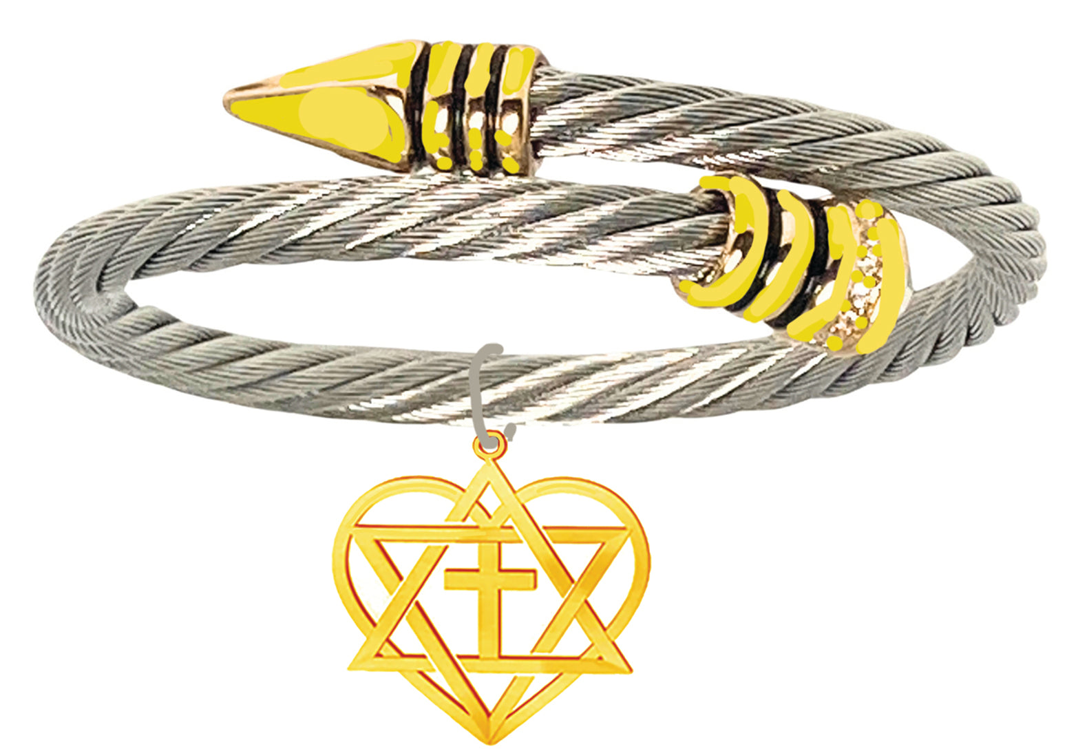 Messianic 14KT Goldtone Star Of David, Cross  And Heart In Open Silvertone Wire Bracelet That Will Fit Anyone 5"To 9" Wrist. Charm Size 7/8" X3/4". What A Wonderful Gift For Yourself, Or Someone Special. Comes In A Small Black Velvet Bag