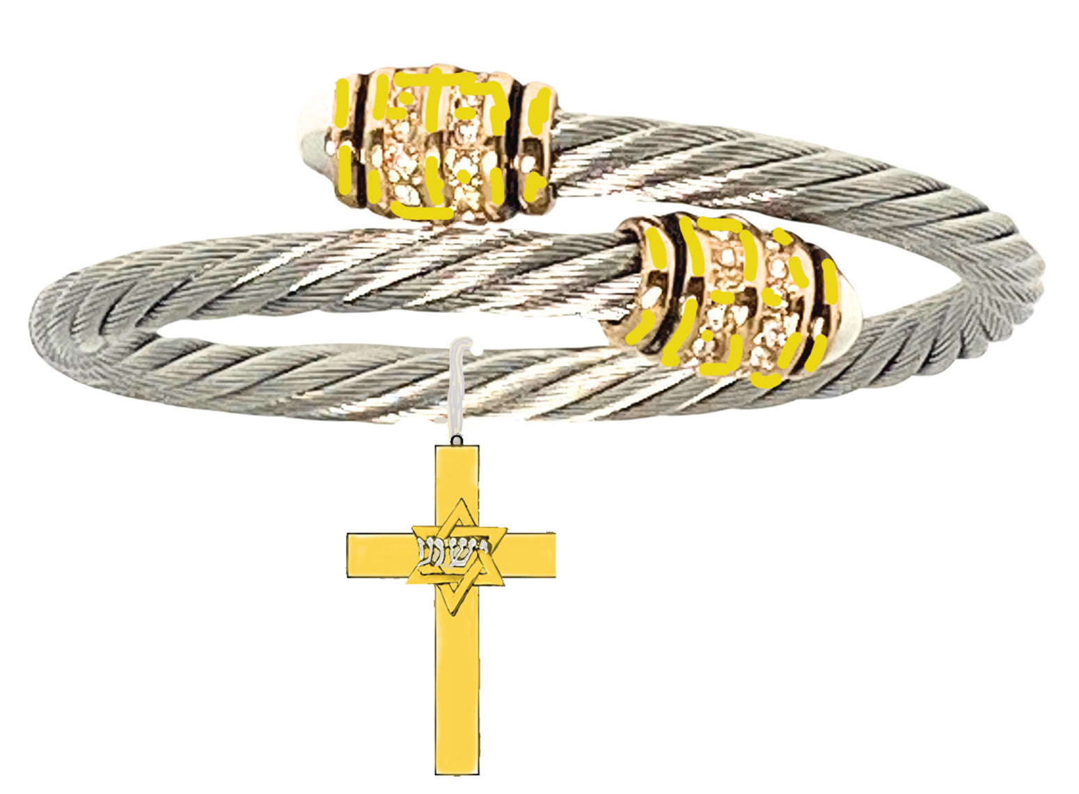 Messianic 14KT Goldtone Star Of David And Cross With Yeshua (Jesus) In Hebrew In Silvertone Open Silvertone Wire Bracelet That Will Fit Anyone 5"To 9" Wrist. What A Wonderful Gift For Yourself, Or Someone Special. Comes In A Small Black Velvet Bag