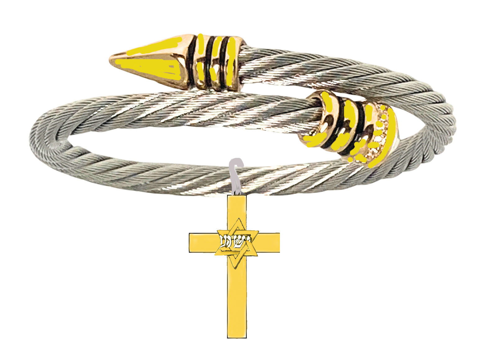 Messianic 14KT Goldtone Star Of David With Yeshua (Jesus) In Hebrew In Silvertonetone Open Sillvertone Wire Bracelet That Will Fit Anyone 5"To 9" Wrist.What A Wonderful Gift For Yourself,Or Someone Special.Gift Ready Comes In A Small Black Velvet Bag