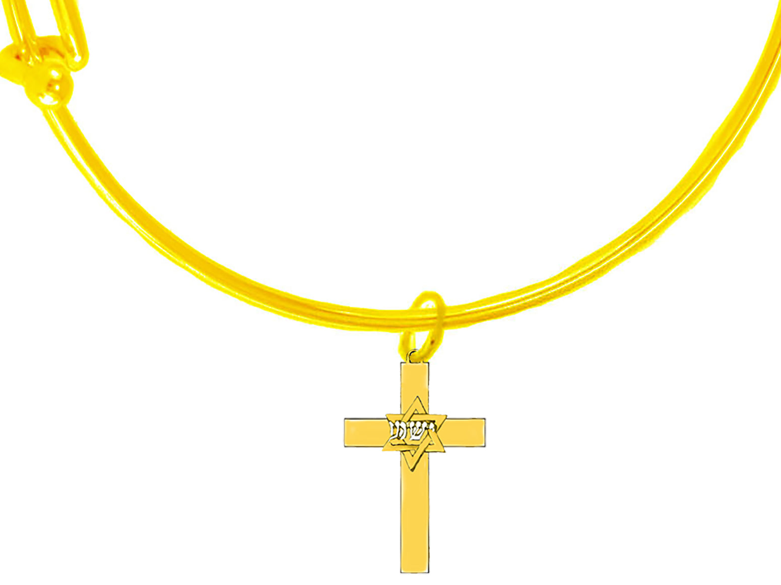 Messianic 14KT Goldtone Star Of David With Yeshua (Jesus) In Hebrew In Silvertone. Miracle Wire Bracelet That Will Fit Anyone 5" To 9" Wrist.Cross 1 1/4" X 7/8".What A Wonderful Gift For Yourself,Or Someone Special.Comes In A Small Black Velvet Bag