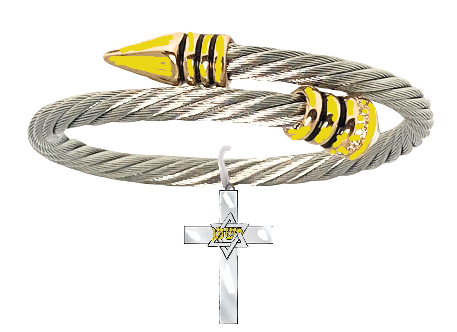 Messianic Silvertone Star Of David With Yeshua (Jesus) In Hebrew In 14KT Goldtone On Silvertone Cross. Open Sillvertone Wire Bracelet That Will Fit Anyone 5 "To 9" Wrist. Cross Charm 1 1/4" X3/4". Gift Ready Comes In A Small Black Velvet Bag
