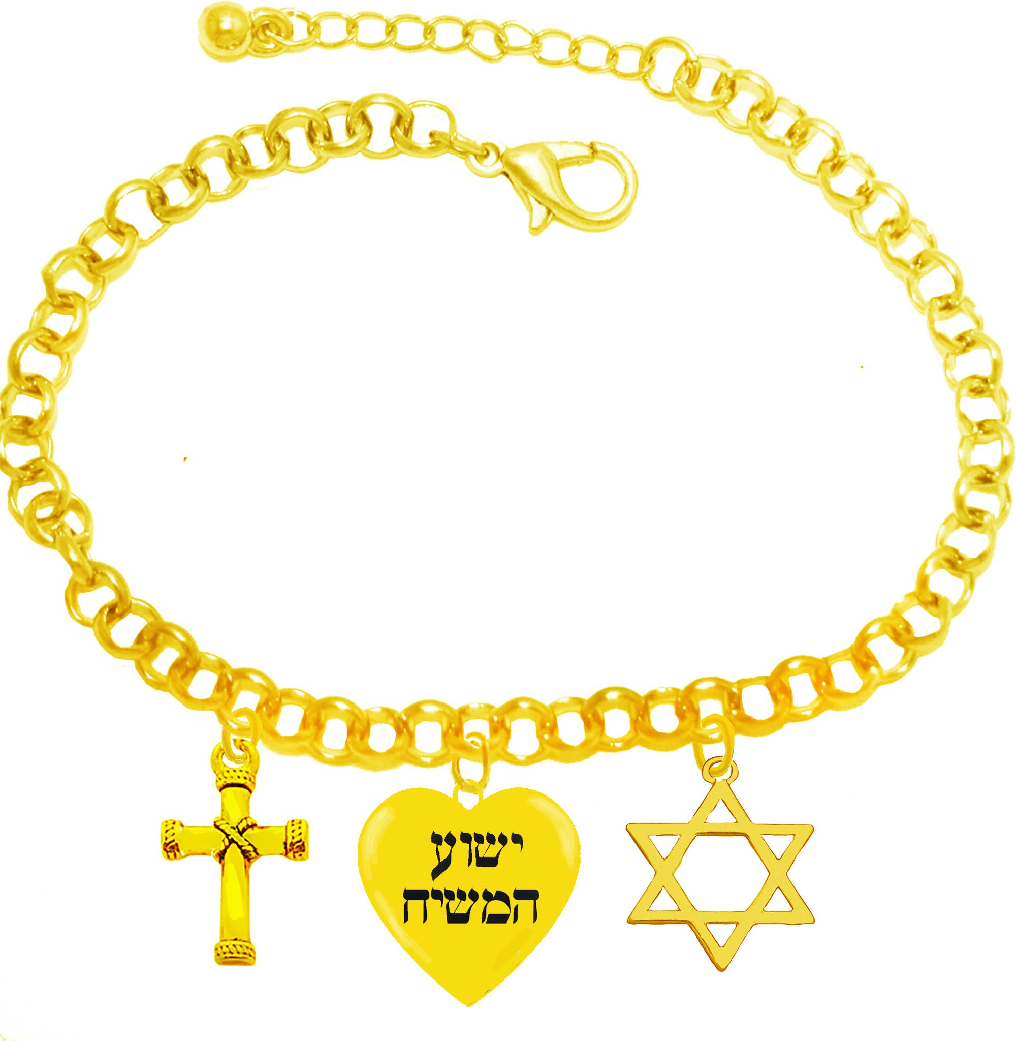 Messianic, Jesus Is The Messiah",14KT Goldtone Cross, Yeshua Hamashiach Heart, And Star Of David On A Adjustable Chain Bracelet ,That Will Fit Anyone 5" To 9" Wrist. What A Wonderful Gift For Yourself, Or Someone Special! Handmade In The USA By A Veteran