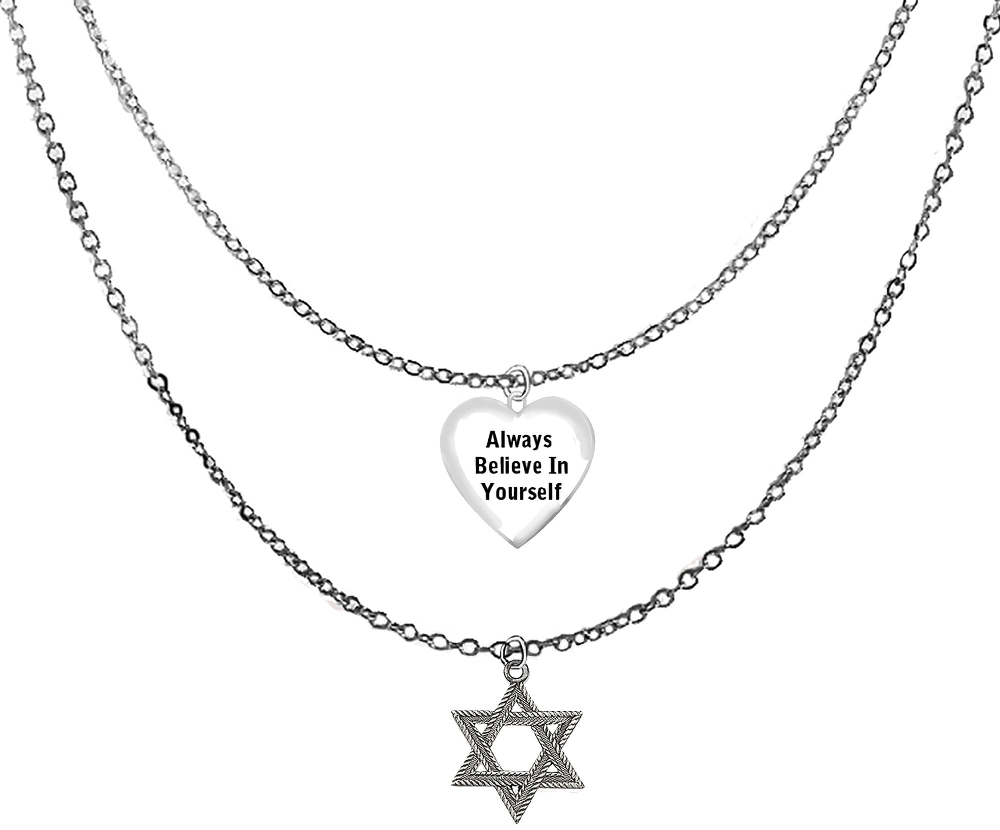 Jewish Jewelry, "Always Belive In Yourself", On A Silvertone Puffed Heart, With A Antique Silvertone Star Of David On A Adjustable Double Cable Chain Necklace. Great Gift For Friend Or Family.  ©2024