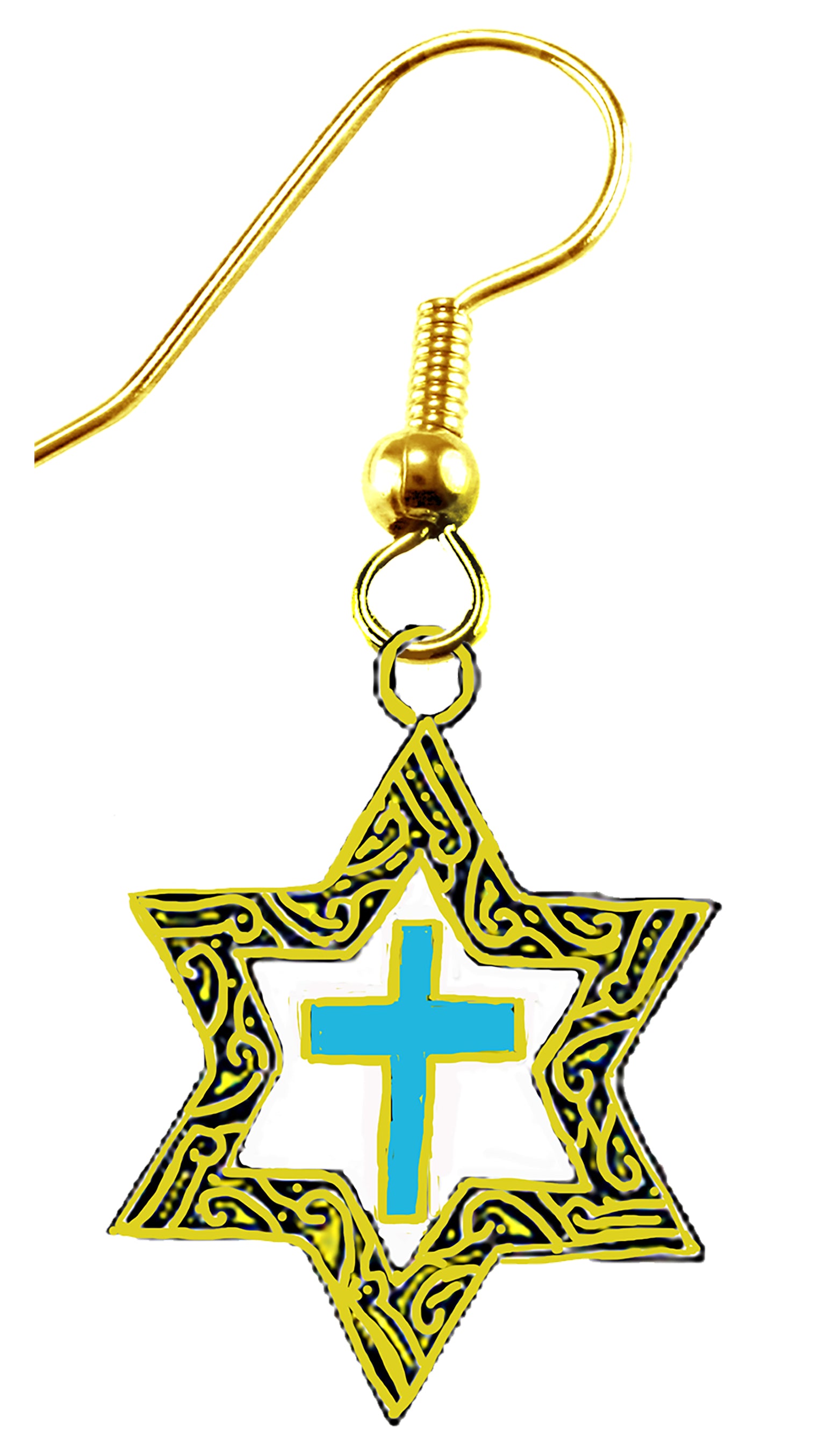 Messianic 14KT Goldtone Star Of David In The Antique Star, With A Turquoise Cross On A Fishhook Wire Earring. What A Great Gift For Yourself Or Someone Special. Gift Ready Comes In A Small Black Velvet Bag. Hypoallergenic-Safe.