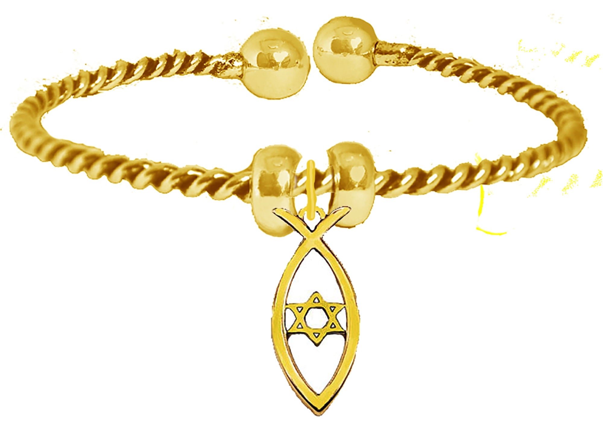 Messianic, Yeshua, Christian Fish With Star Of David Inside, Antique 14 KT Goldtone Adjustable Cuff Bracelet,  Removable Ends, Allows You To Add Additional Charms With No Tools. Hypoallergenic-Safe