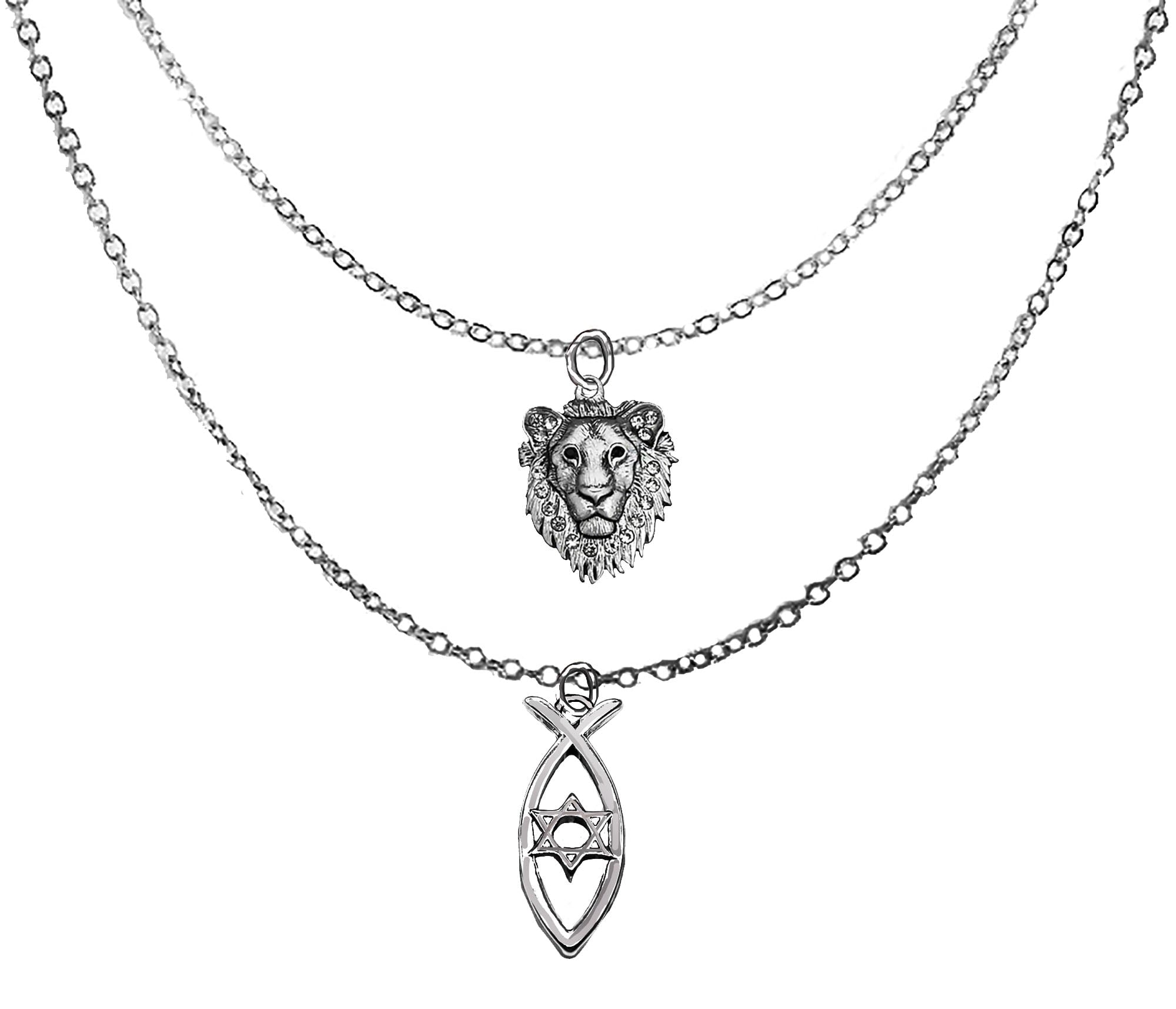 Messianic, Yeshua Silvertone Crystal Embedded With Austrian Crystal In The Lion Of Judah, Silver Christian Fish With Silvertone Star Of David Inside On A Adjustable Silvertone Double Chain Necklace