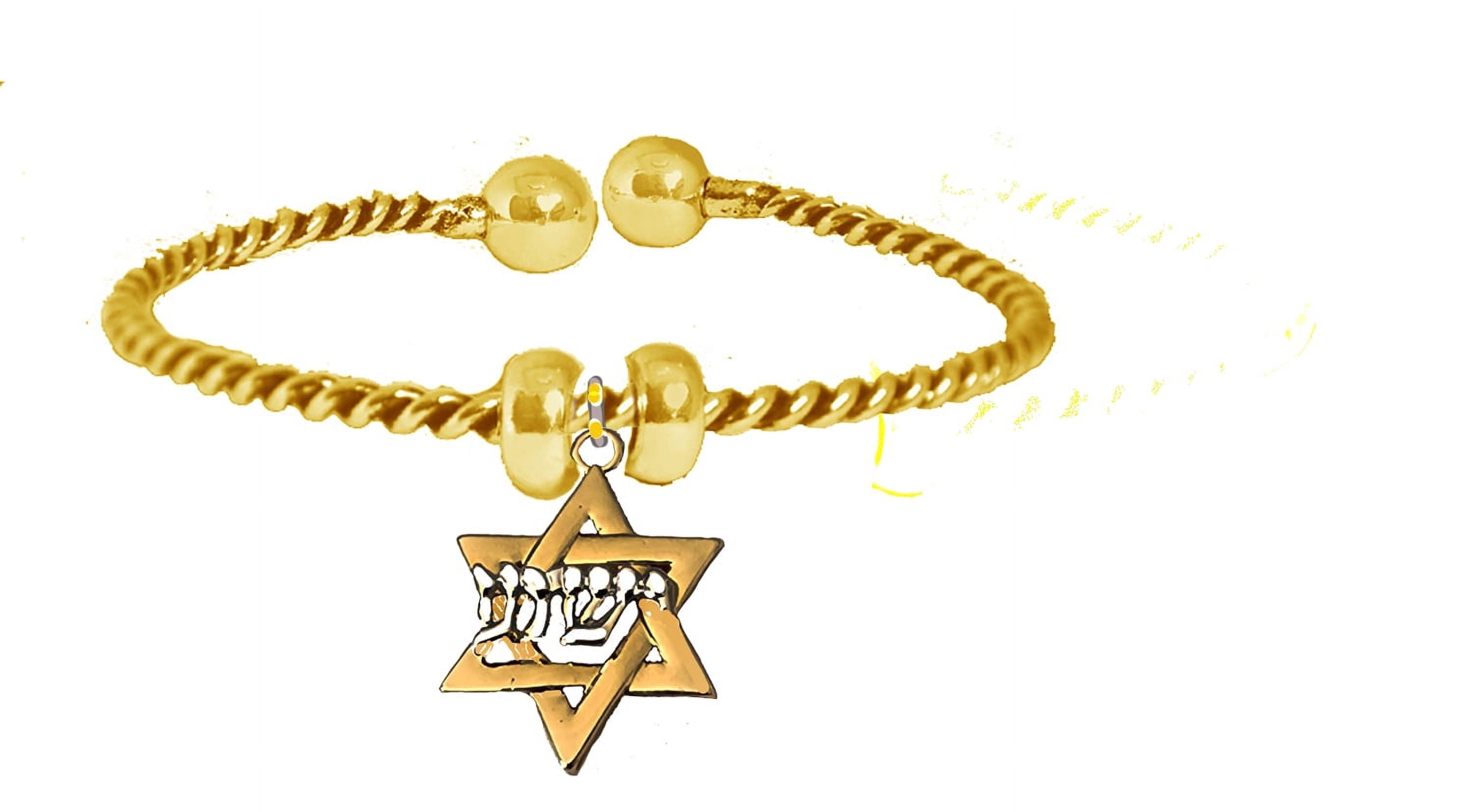 Messianic Yeshua Gold Star Of David, Raised Sculpted Silver Yeshua On A Adjustable Twisted 14KT Finish Gold Flexable Bangle Bracelet, Hypoallergenic-Safe, No Nickel, Lead, Or Cadmium In The Metal©2023