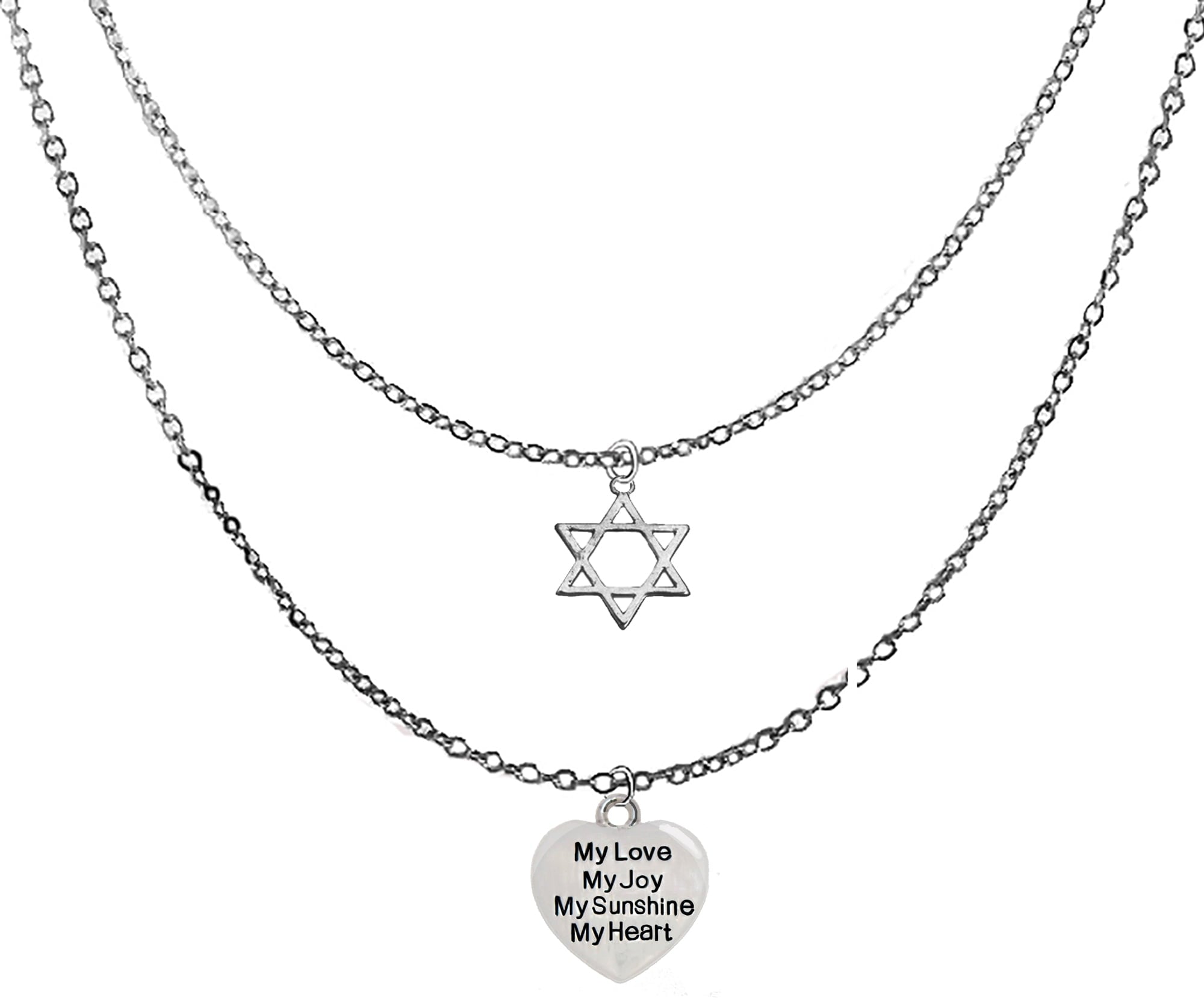Jewish Jewelry, Silvetone Star Of David,  Silvertone Puffed Heart Saying , My Love, My Joy, My Sunshine My Heart, On Adjustable Silvertone Double Chain Necklace, Great Gift For Friend Or Family. ©2024