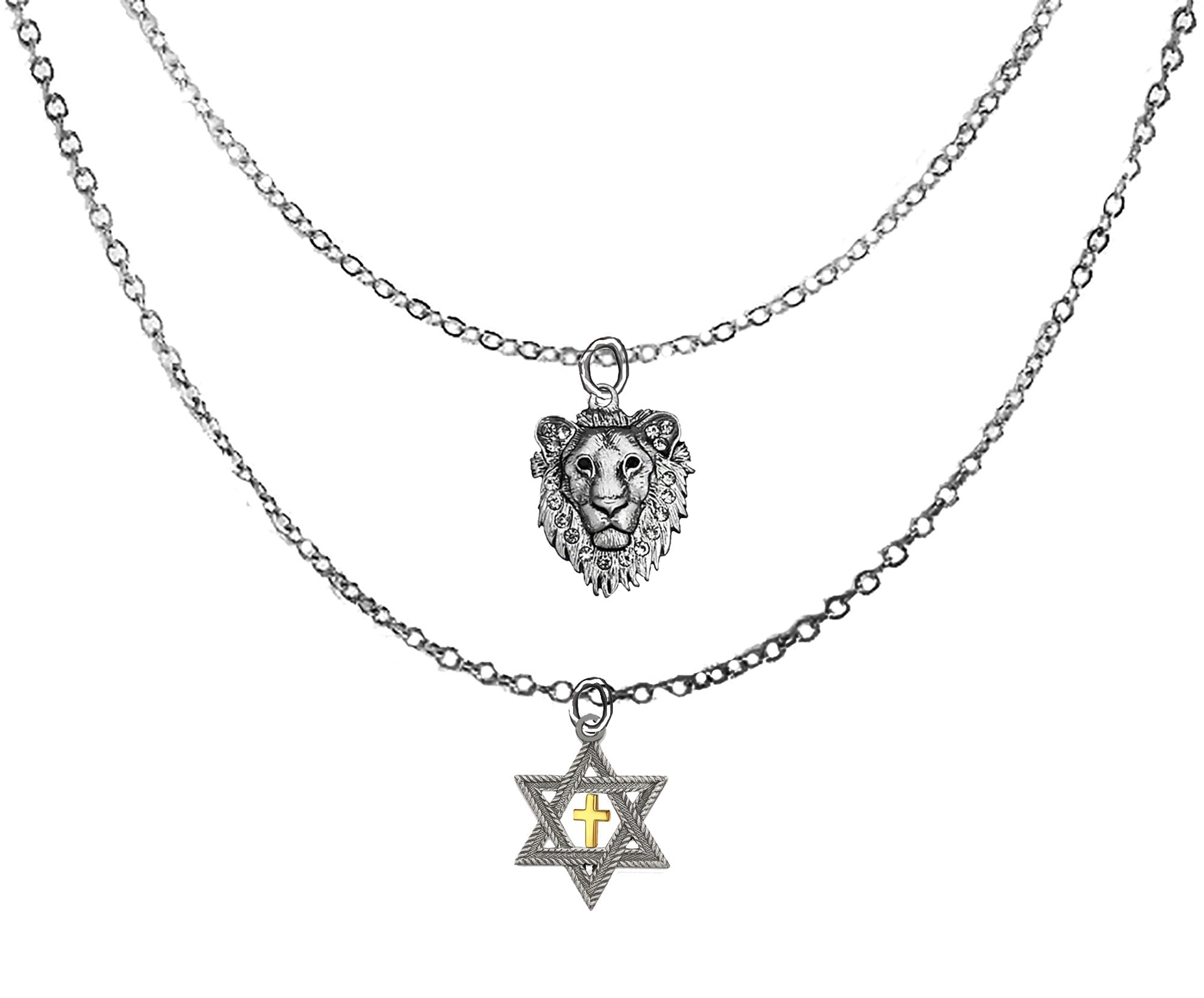 Messianic, Yeshua Silvertone  Crystal Embedded With Austrian Crystal In The Lion Of Judah, Silver Star Of David With 14KT Goldtone Cross On A Adjustable Silvertone Double Cable Chain Necklace. ©2023