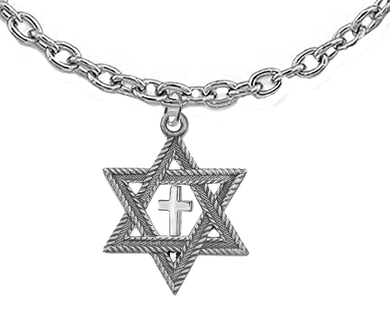 Messianic Christian Jewish Antique Silvertone Star Of David,With Polished Silvertone Cross On A Adjustable  18 To 21 Inch Cable Chain Necklace, Hypoallergenic-Safe, No Nickel, Lead, Or Cadmium In The