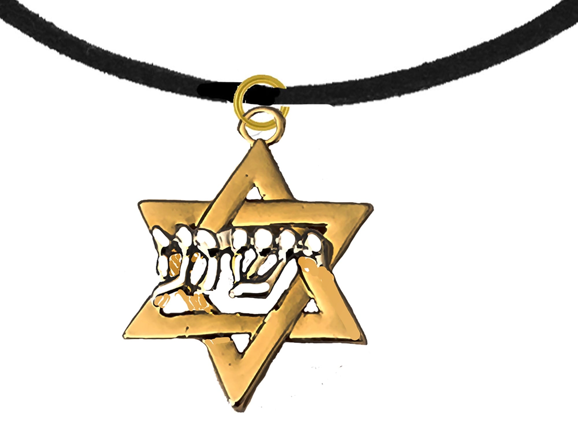 Messianic Yeshua Gold Star Of David, Raised Sculpted Silver Yeshua On A Adjustable Genuine Black Suede Necklace, Hypoallergenic-Safe, No Nickel, Lead, Or Cadmium In The Metal©2023