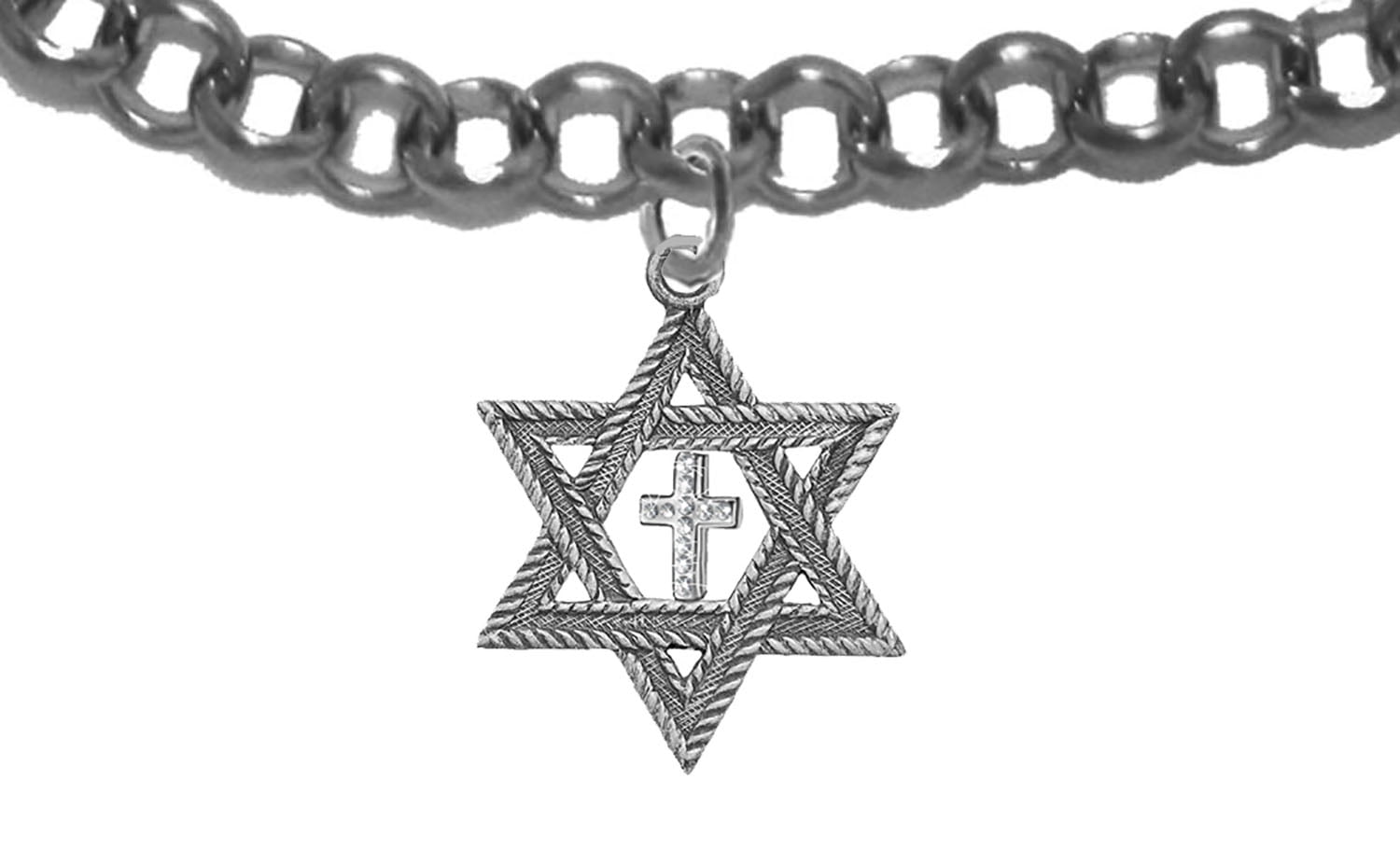 Messianic Christian Silver Star Of David With Silver Austrian Crystal Cross, On A Adjustable Rolo Chain Bracelet, Will fit Anyone. Hypoallergenic-Safe, No Nickel, Lead, Or Cadmium In The Metal ©2023