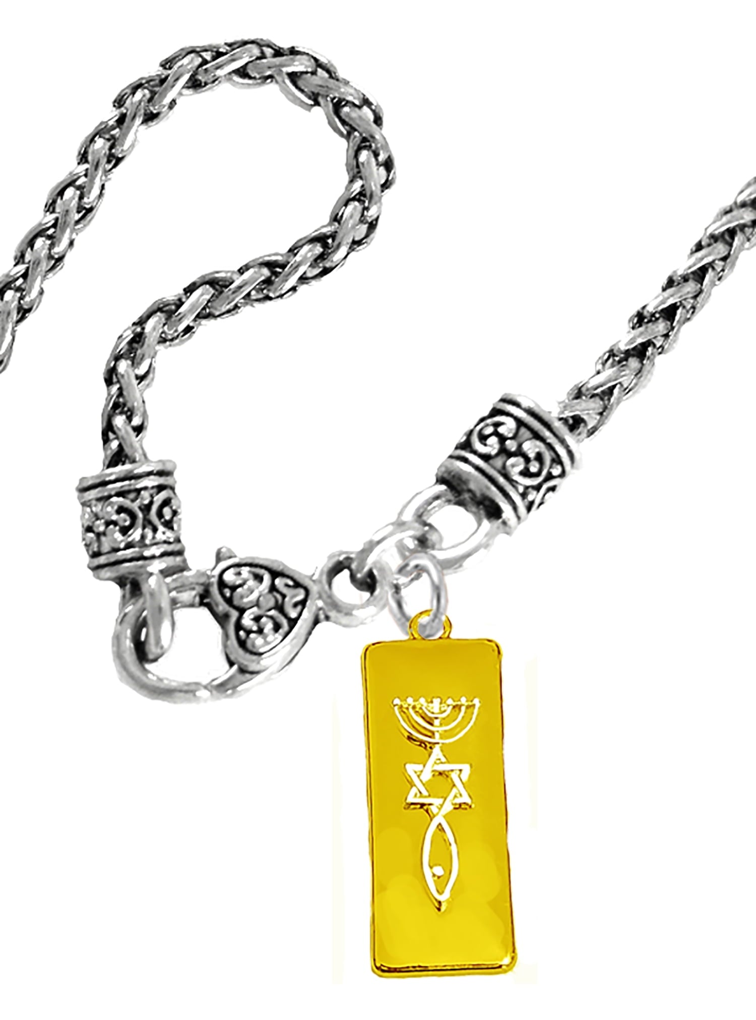 Messianic Christian 14KT Silver Tone Raised Seal Of Jerusalem On A  14KT Gold Tone Plaque, On A Antique Wheat Chain Necklace, Hypoallergenic - Safe, No Nickel, Lead, Or Cadmium ©2023