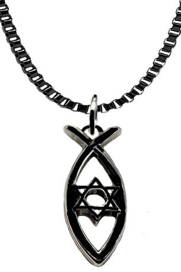 Messianic Christian Fish And Star Of David In Black Anodized Finish On A Black Anodized Box Chain Necklace. If you do not believe that this jewelry is beautiful when you receive it, simply return it