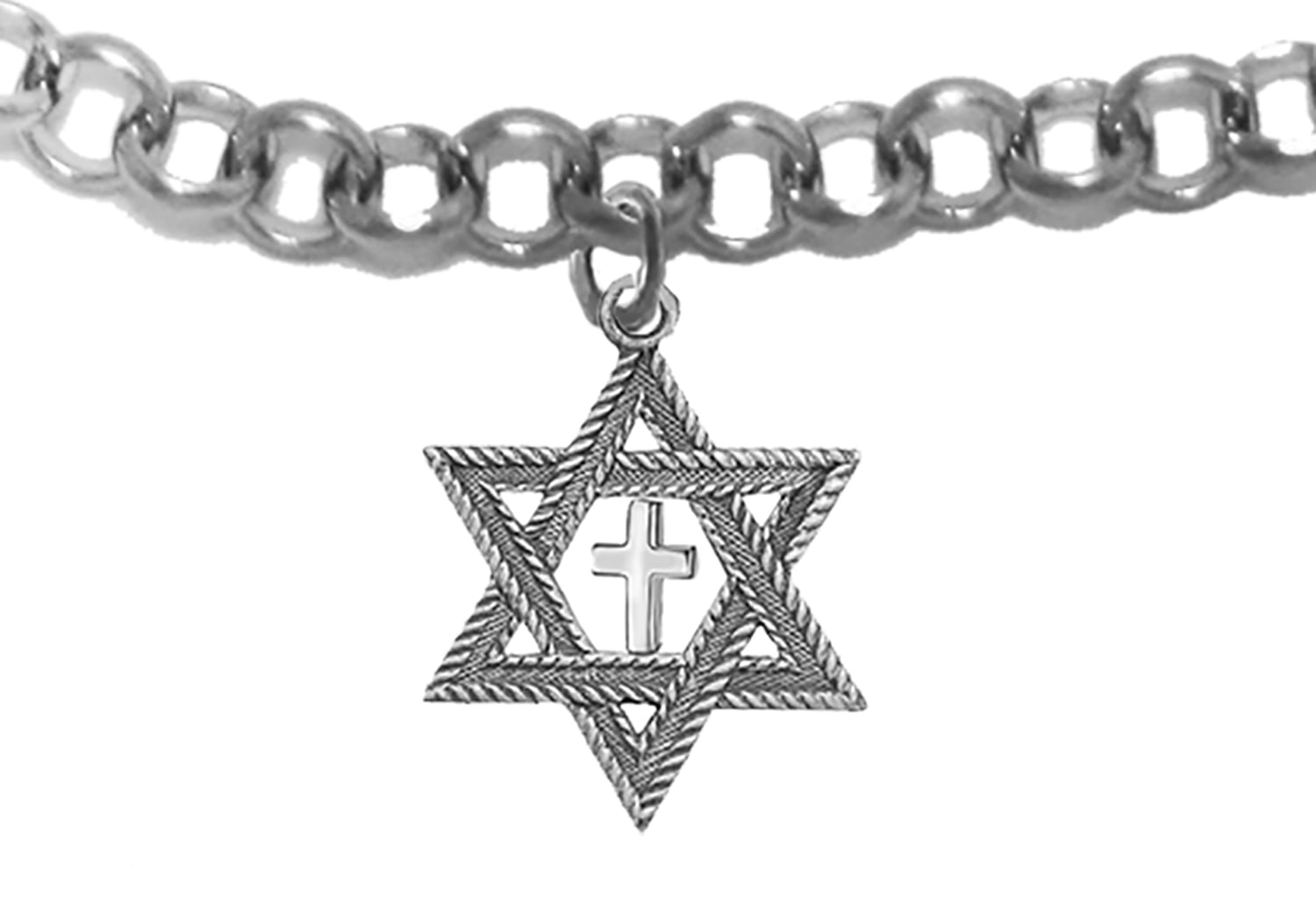 Messianic, Christian, Jewish Antique Silvertone Star Of David And Polished Cross On A  Adjustable Silvertone Rolo Chain Bracelet, Will Fit Everyone, Hypoallergenic-Safe, No Nickel, Lead, or Cadmium In