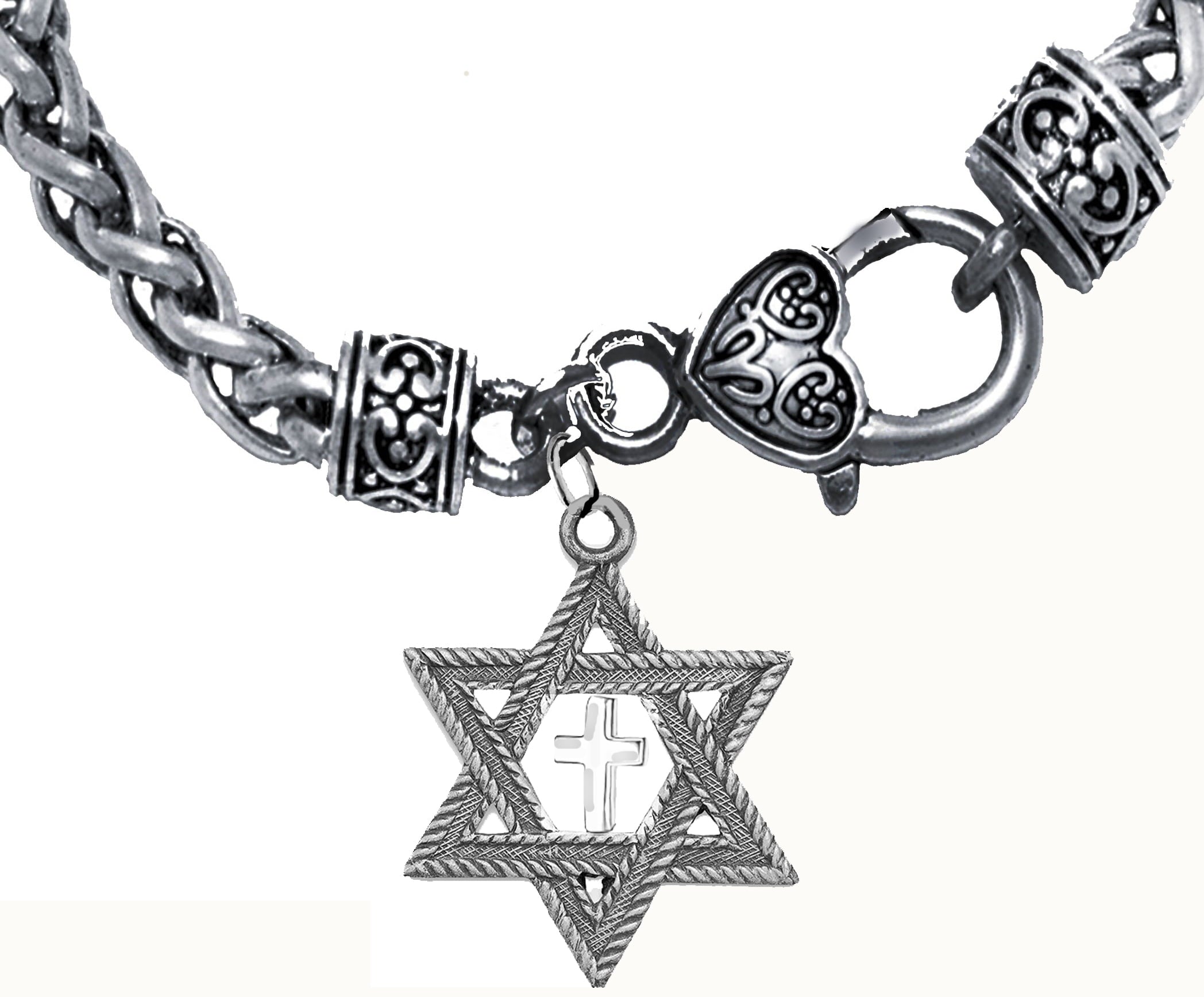 Messianic, Christian, Jewish Antique Silvertone Star Of David And Polished Cross On A Antique Silvertone Wheat Chain Bracelet, Hypoallergenic-Safe, No Nickel, Lead, or Cadmium In The Metal ©2023