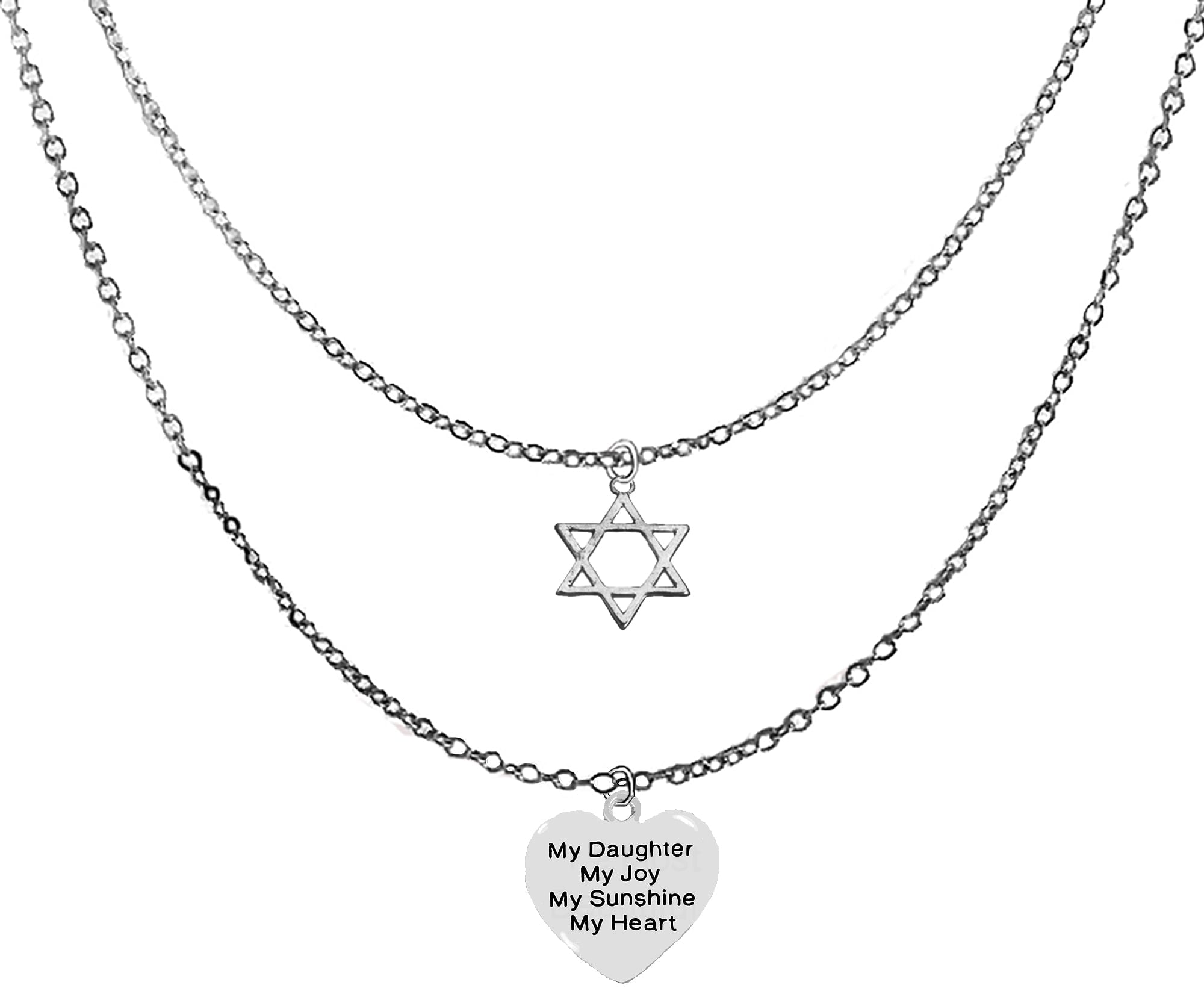 Jewish Jewelry, Silvertone Star Of David,  Silvertone Puffed Heart Saying , My Daughter, My Joy, My Sunshine, My Heart, On Adjustable Silvertone Double Chain Necklace,Hypoallergenic,No Nickel, No Lead