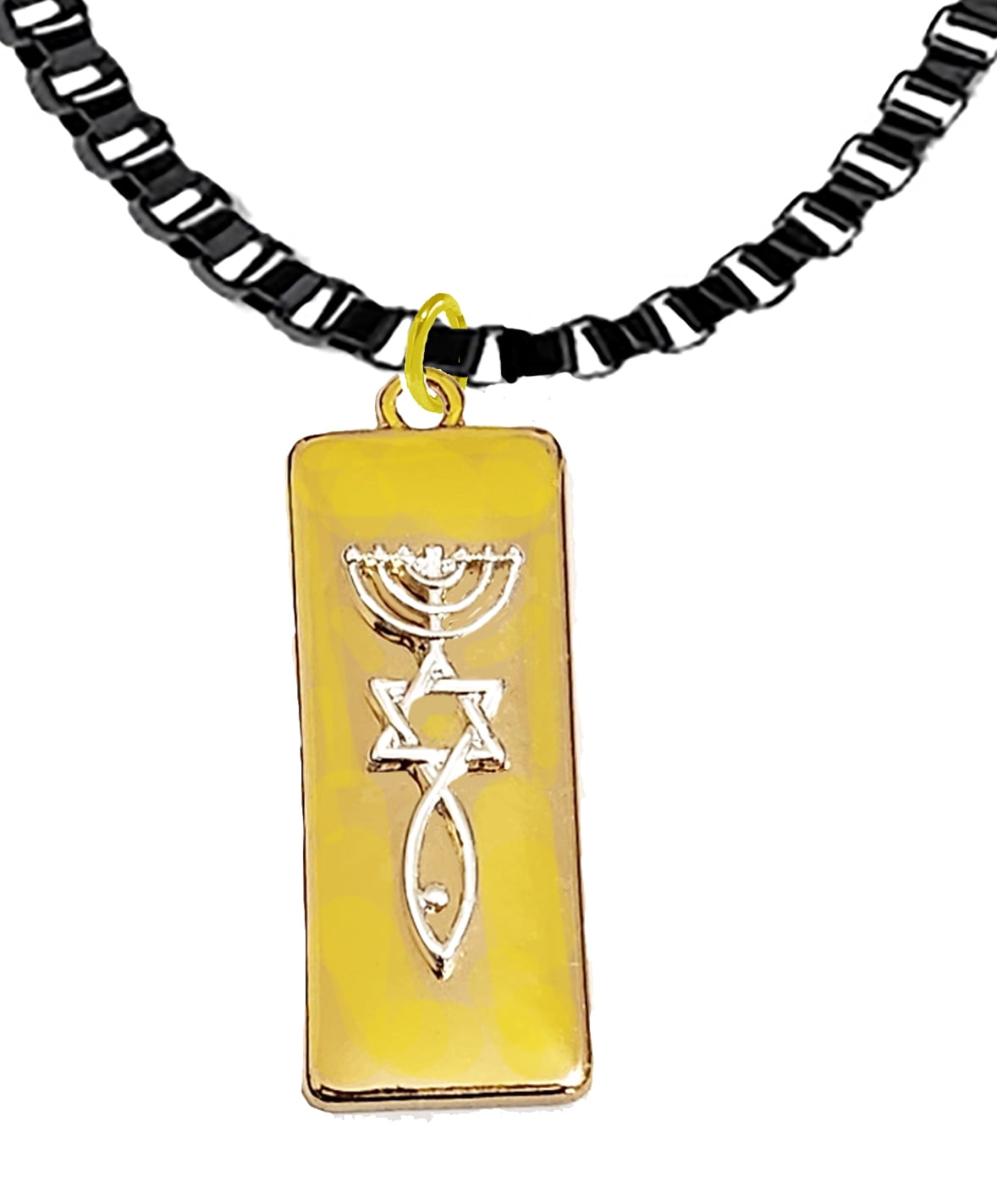 Messianic Raised Silver Seal Of Jerusalem On A 14KT Gold Placque Suspended On A Adjustable Black Anodized Box Chain, More Beautiful In Person, Hypoallergenic-Safe, No Nickel, Lead or Cadmium In Metal