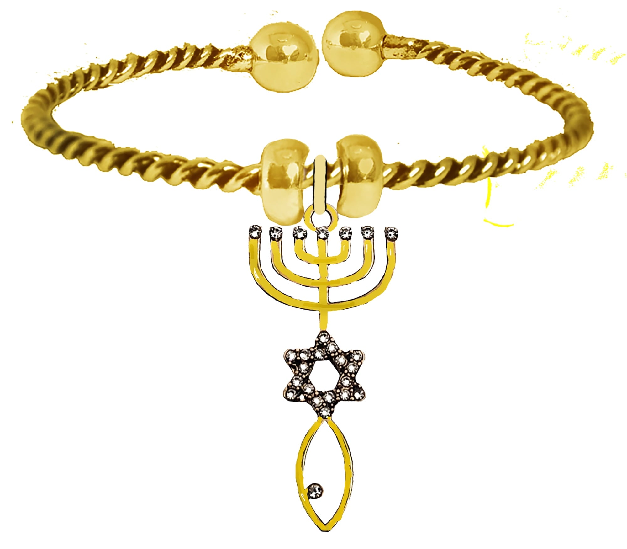 Messianic, Yeshua, Christian Antique 14 KT Goldtone Adjustable Cuff Bracelet, Seal Of Jerusalem Covered With Austrian Crystal, Removable Ends, Allows You To Add Additional Charms With No Tools ©2024