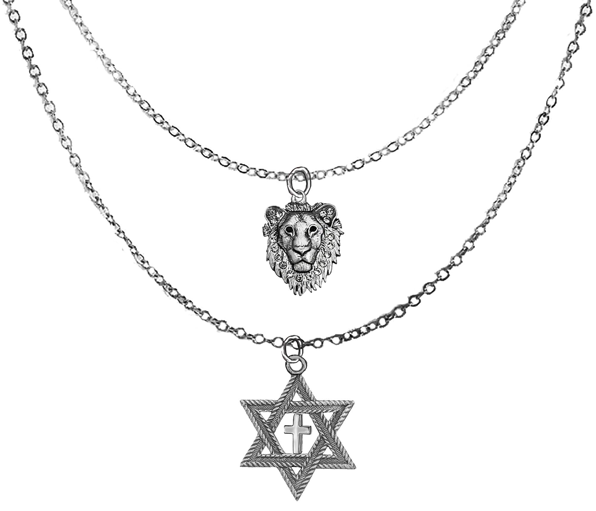 Messianic, Yeshua Silvertone Crystal Embedded With Austrian Crystal In The Lion Of Judah, Silver Star Of David With Silvertone Cross On A Adjustable Silvertone Double Cable Chain Necklace. ©2023