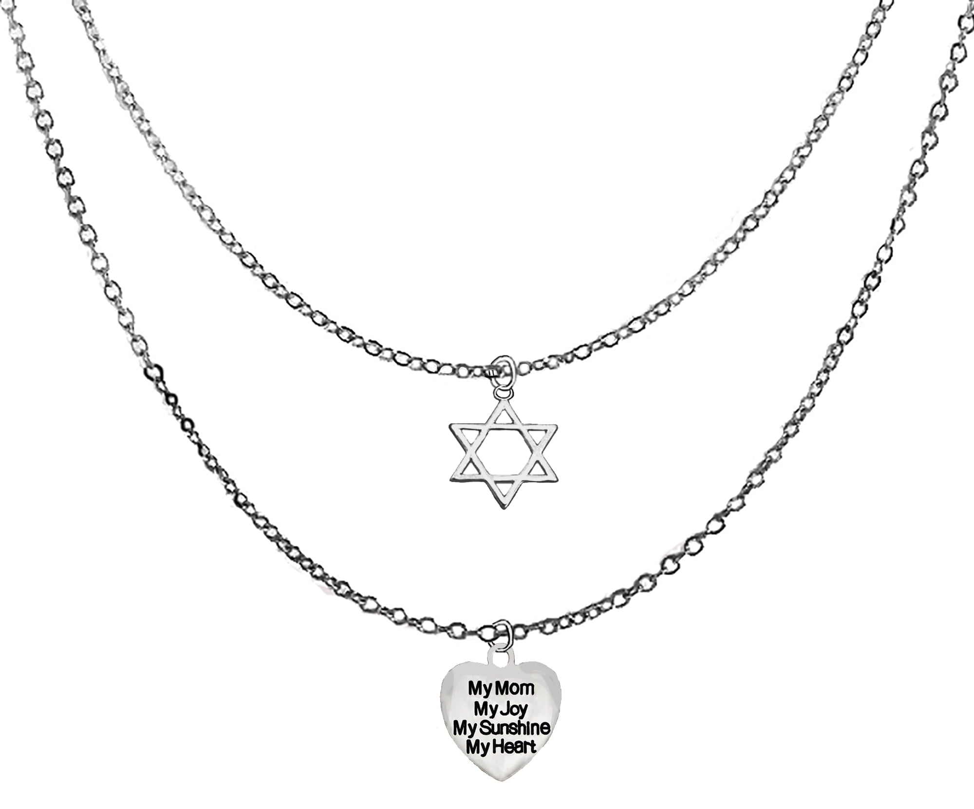 Jewish Jewelry, Silvetone Star Of David,  Silvertone Puffed Heart Saying , My Mom, My Joy, My Sunshine My Heart, On Adjustable Silvertone Double Chain Necklace, Great Gift! Hypoallergenic ©2024