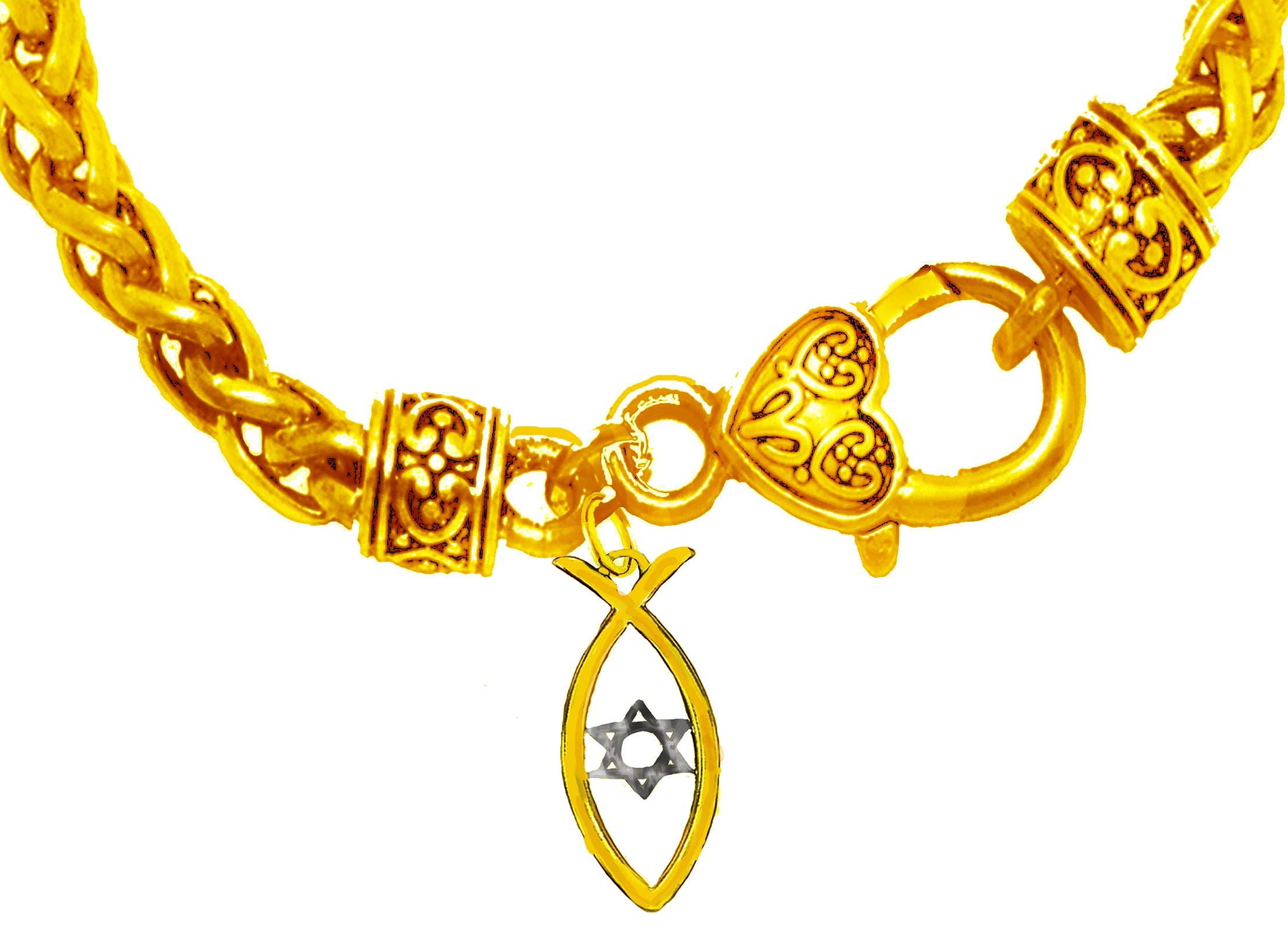 Messianic, 14KT Goldtone Christian Fish With A Silvertone Star Of David In The Center On A Wheat Chain Bracelet What A Wonderful Gift For yourself, Or Someone Special. Hypoallergenic-Safe. No Nickel