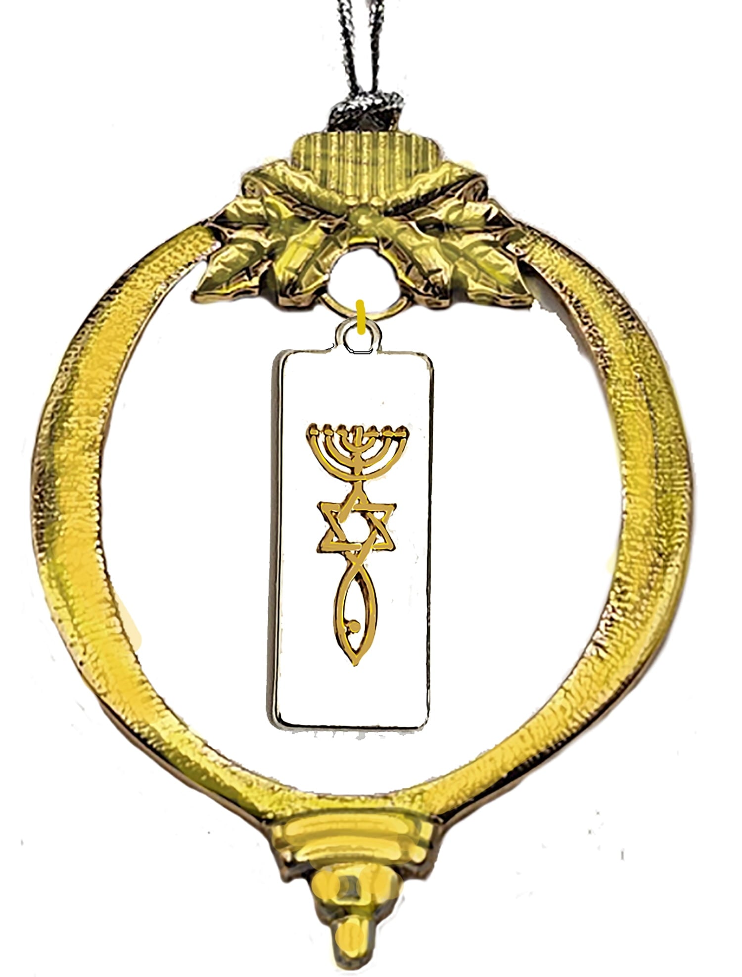 Messianic, Yeshua Christmas Tree Ornament, Goldtone Frame,  Silvertone Plaque With 14KT Goldtone Seal Of Jerusalem, With Tree Attachment For Hanging. What A Great Gift! ©2023