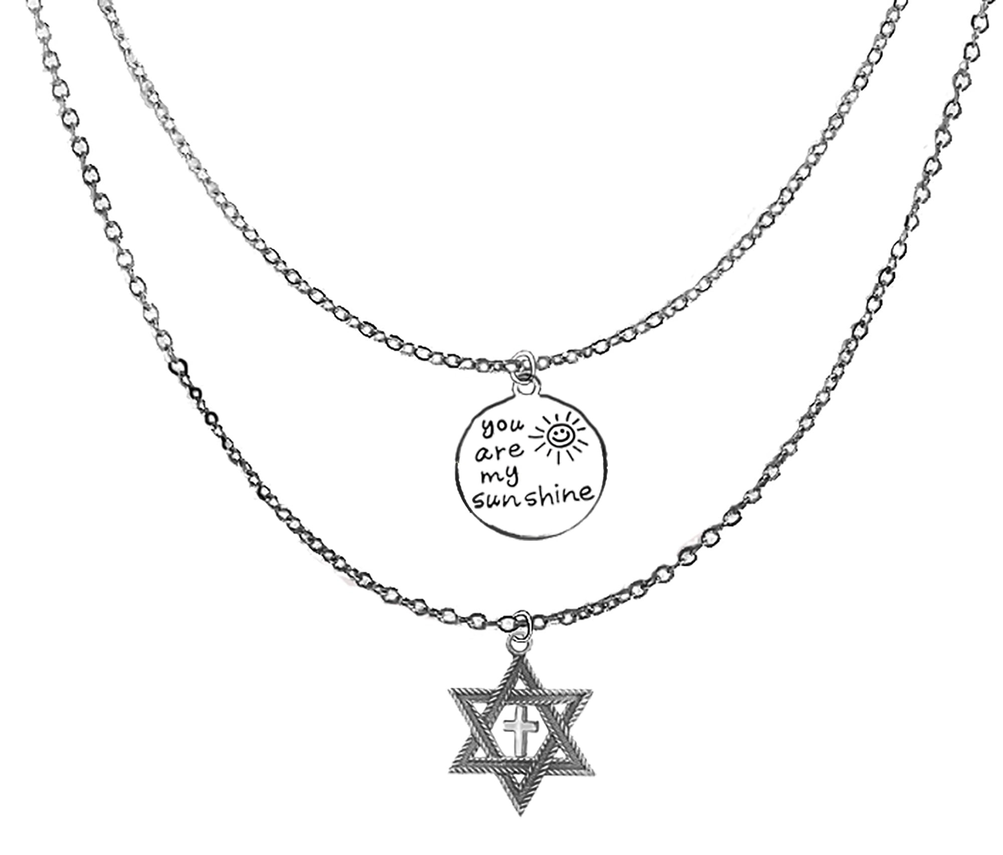 Messianic, Yeshua, Christian, You Are My Sunshine, Antique Silvertone Antique Star Of David,Polished Silvertone Cross On A Adjustable Double Chain Necklace, Hypoallergenic-Safe, No Nickel, Or Lead
